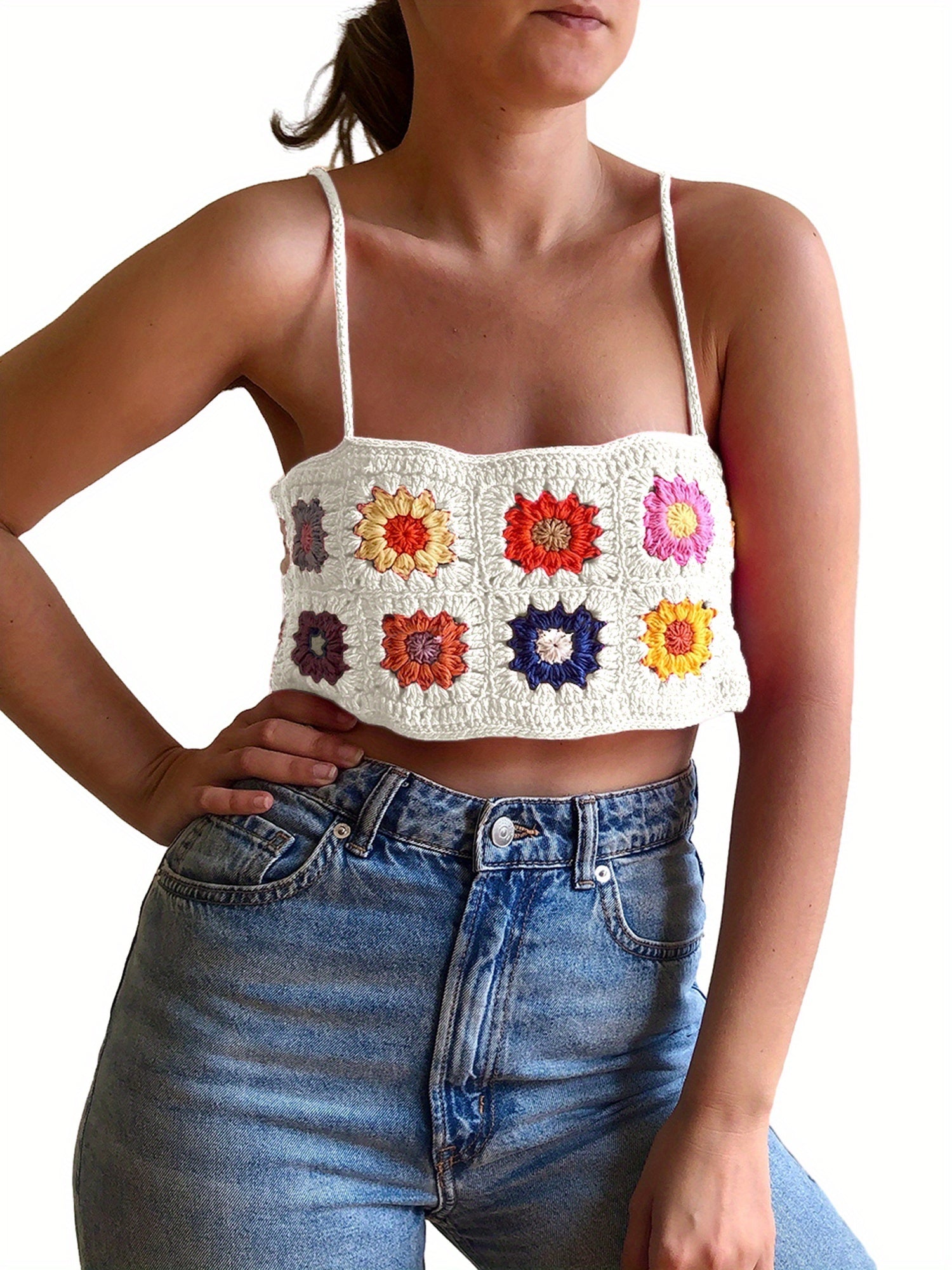 Women's Floral Print Knit Camisole Top - Backless Spaghetti Strap Semi-Sheer Summer Clubwear, Machine Washable Sexy Party & Casual Tops, Crochet Texture