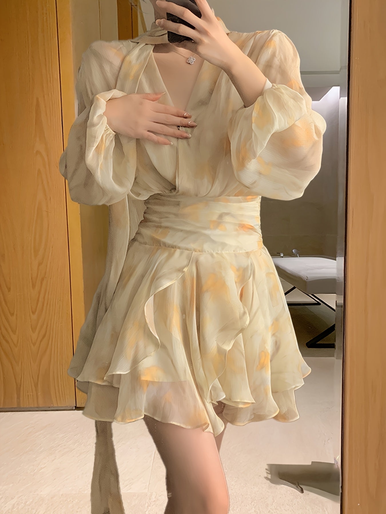 Elegant V-Neck Chiffon Dress with Puff Sleeves & Ruffled Hem - Long Sleeve, Tie-Waist, Floral Print, Ruffled Detail, Perfect for Spring\u002FFall, Adult Women'S Fashion, Casual Elegant Wear | Vneck Dress | Chiffon Fabric