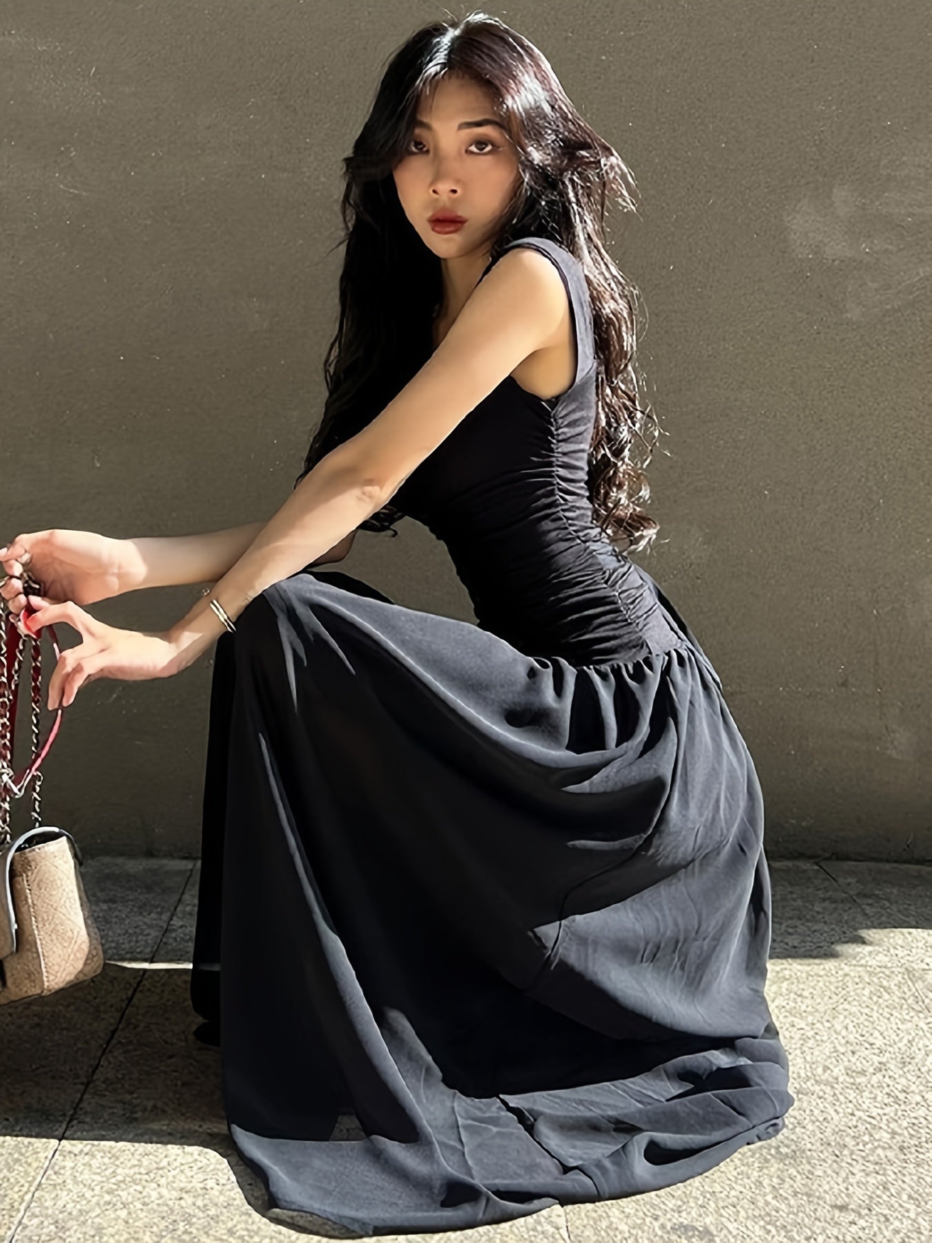 -American Style Summer Dress - Tulle Spaghetti Strap Square Neckline, Cinched Waist & Pleated Flared Skirt, Casual Solid Color Machine Washable, Occasion Dress, Cinched Waist Dress, Stylish Pleats