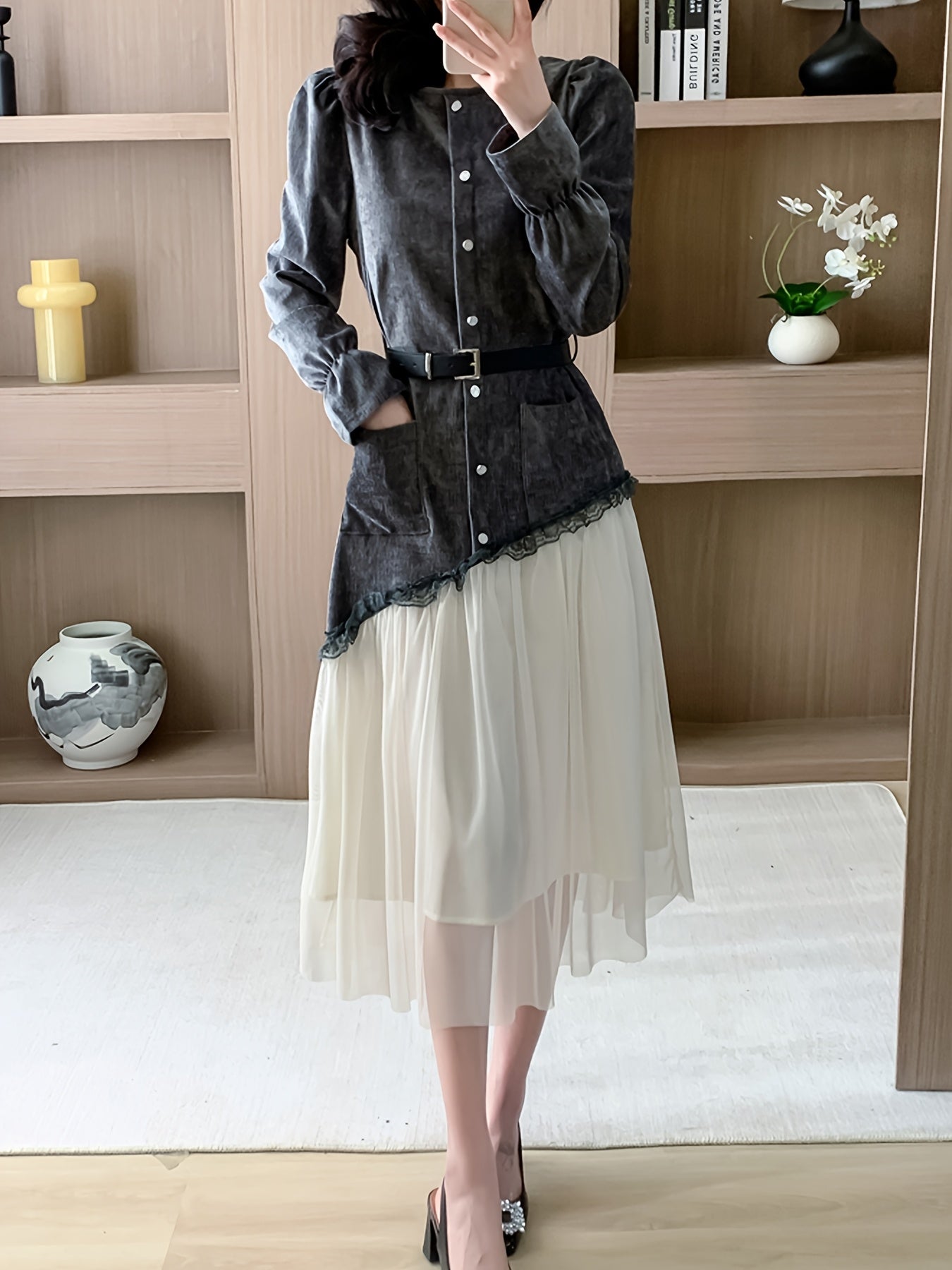 Women'S Stylish And Elegant Two-Piece Dress with Pockets, Long Sleeves, And a Belt Included.
