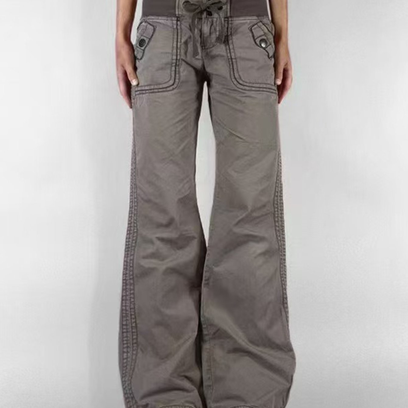 Women's Vintage 2025 American Retro Distressed Jeans - Low-Rise Flared Trousers with Threaded Stitching Waistband & Drawstring, Straight-Leg Fit, Belt Loops & Functional Pockets - Machine-Washable All-Season Denim Pants