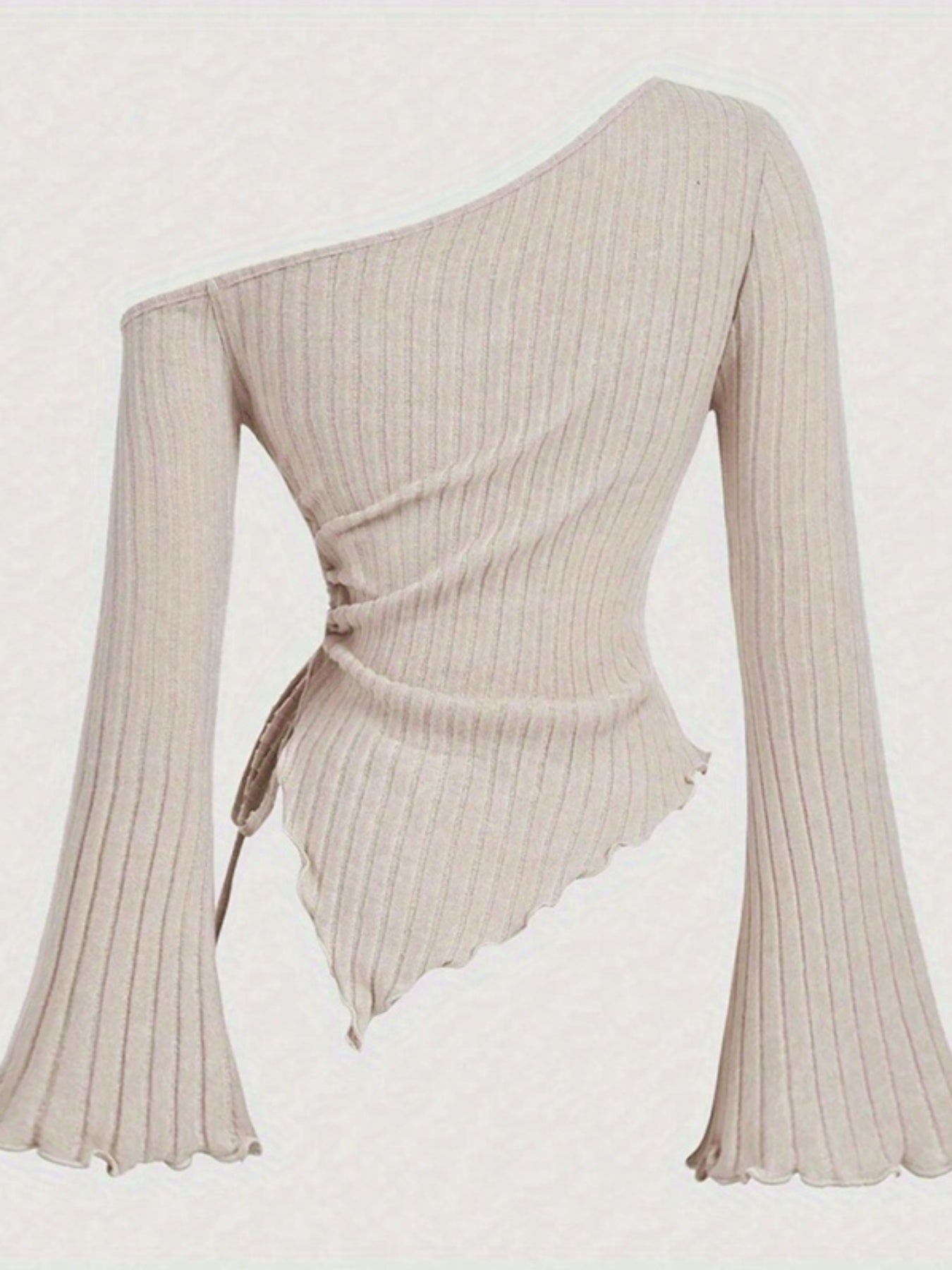 Women Long Sleeve T-Shirts Solid Color Oblique Shoulder Asymmetrical Hem Casual Shirts Spring Fall Slim Fit Tops