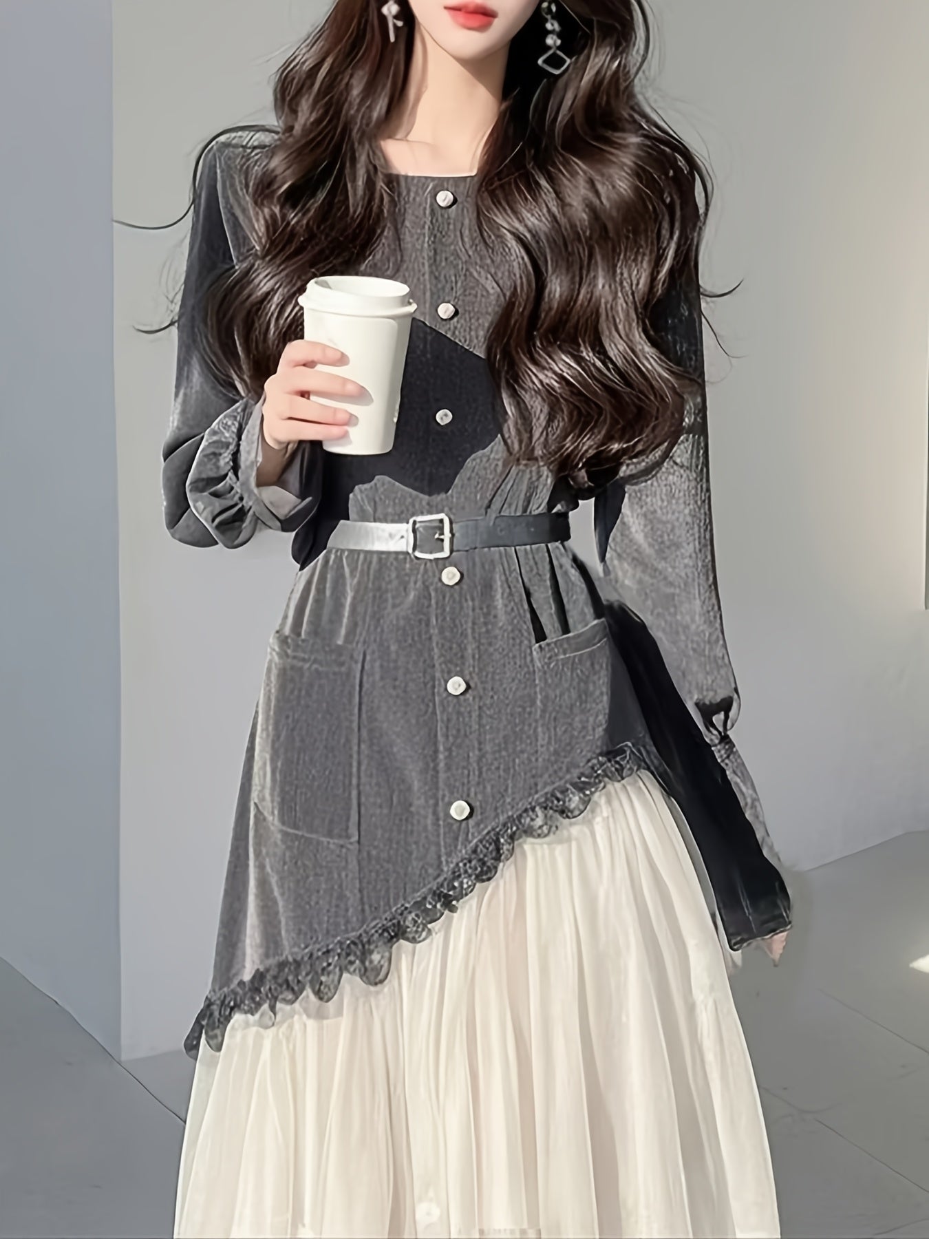 Women'S Stylish And Elegant Two-Piece Dress with Pockets, Long Sleeves, And a Belt Included.