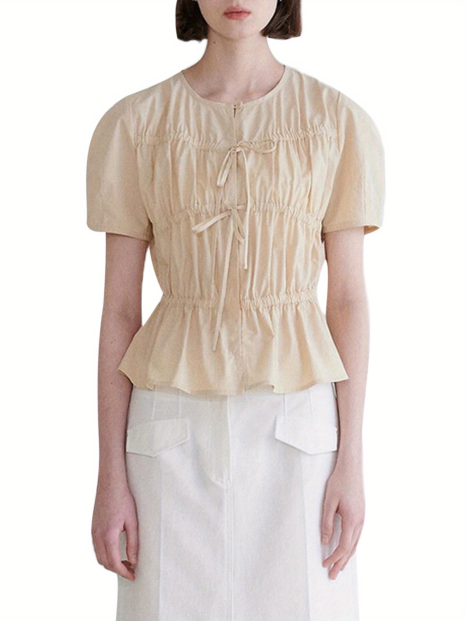 Women'S Summer Peplum Tops Short Sleeve O Neck Tie Front Solid Color Ruched Babydoll Tops