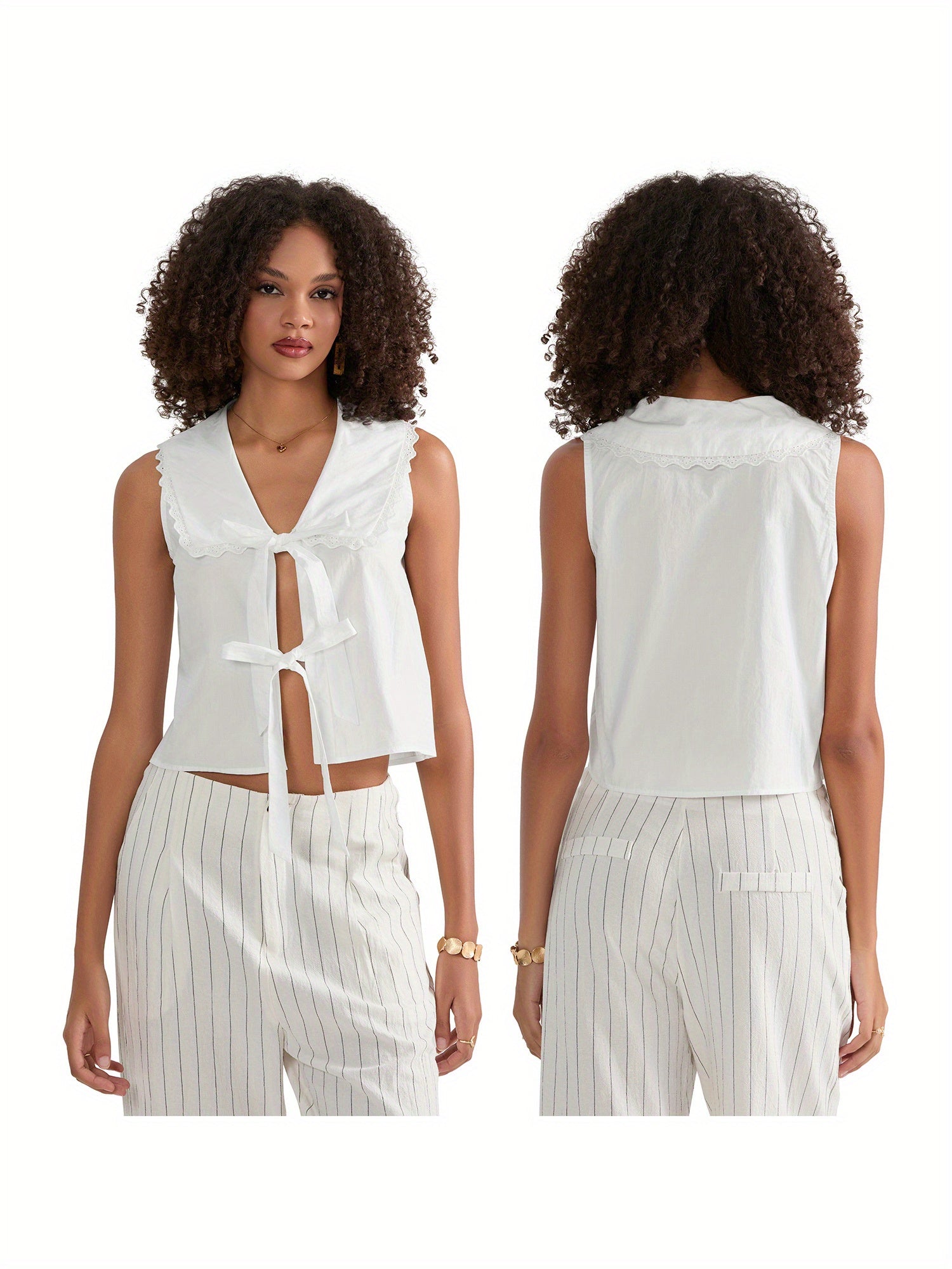 Women's Summer Cropped Tank Top - Sleeveless Doll Collar Tie-Front Design, Lightweight Breathable Fabric, Casual Chic Solid Color Vest for Beach, Picnics & Casual Outings, Casual Outings Vest | Collarbone Cutout | Ruffled Sleeves