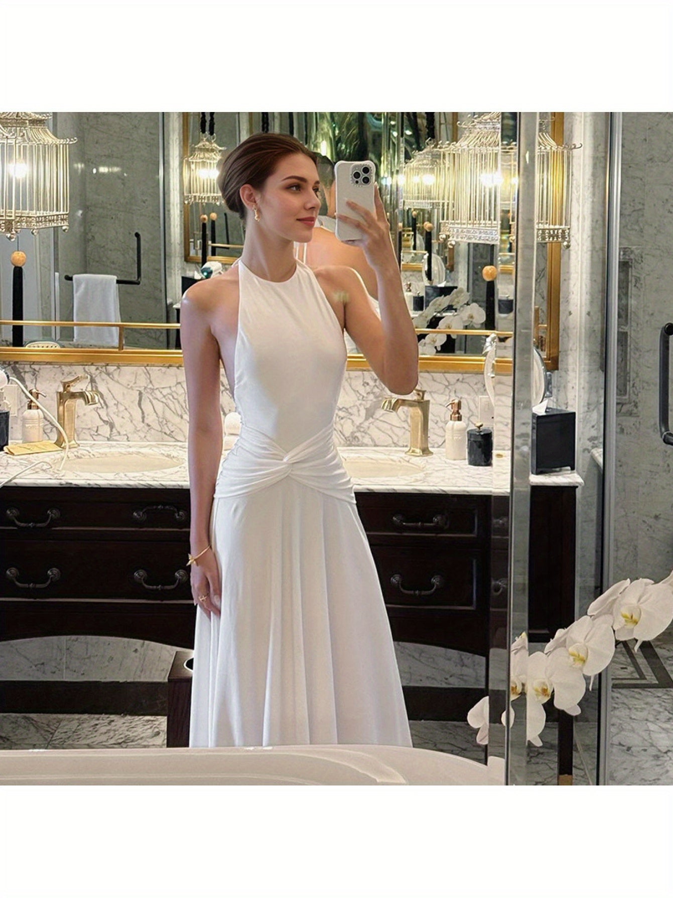 Elegant Women'S Halter Neck Backless Ruched Waist Dress - Sleeveless, Long Flowing Skirt, Solid Color, Perfect for Spring\u002FSummer\u002FFall, Formal Event Attire, Formal Event Dress | Sleeveless Fashion | Ruched Waist Design, Cute Dresses