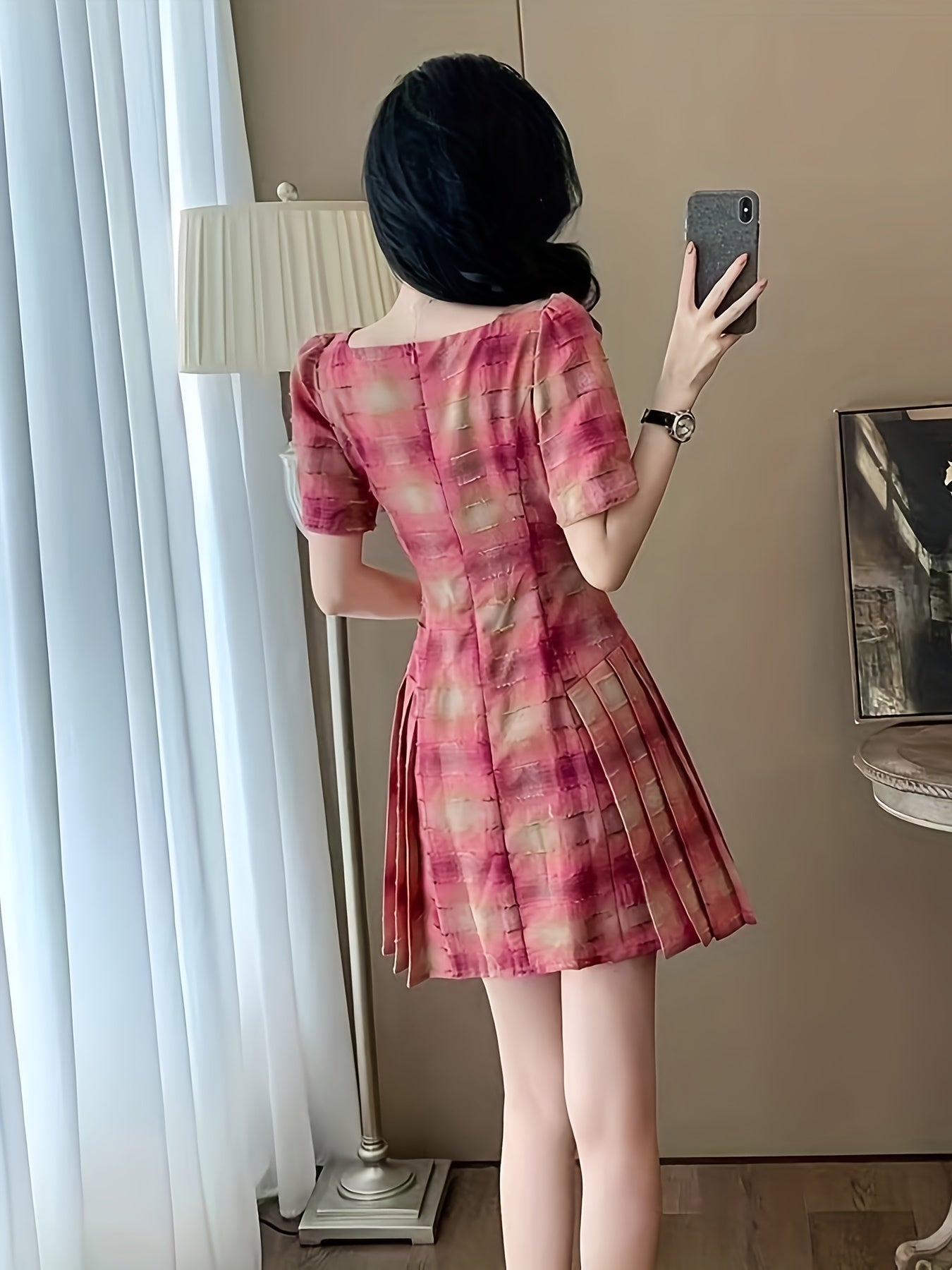 Elegant French-Inspired A-Line Dress for Women - Chic Sweetheart Collar, Geometric Pattern, Square Neck, Knee-Length, Perfect for Spring\u002FSummer\u002FFall, Ideal for Petite Figures, A-Line Silhouette | Frenchinspired Design | Fabric