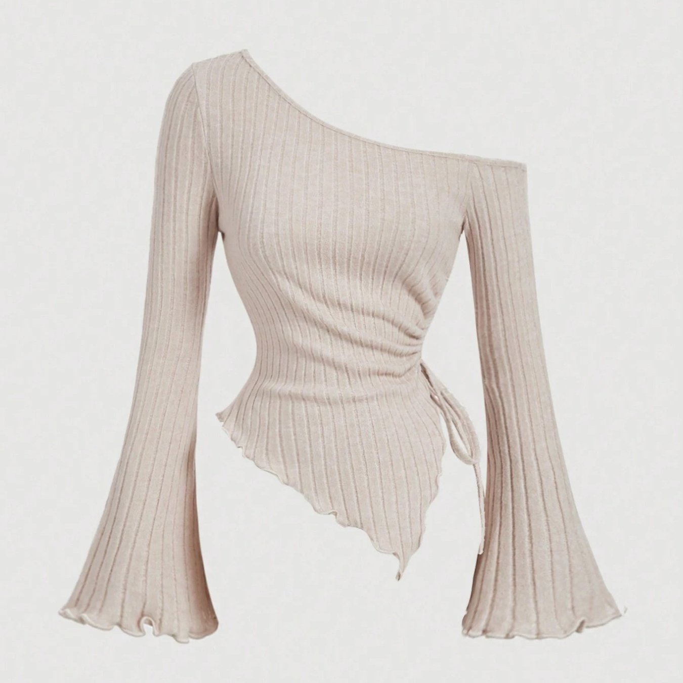 Women Long Sleeve T-Shirts Solid Color Oblique Shoulder Asymmetrical Hem Casual Shirts Spring Fall Slim Fit Tops