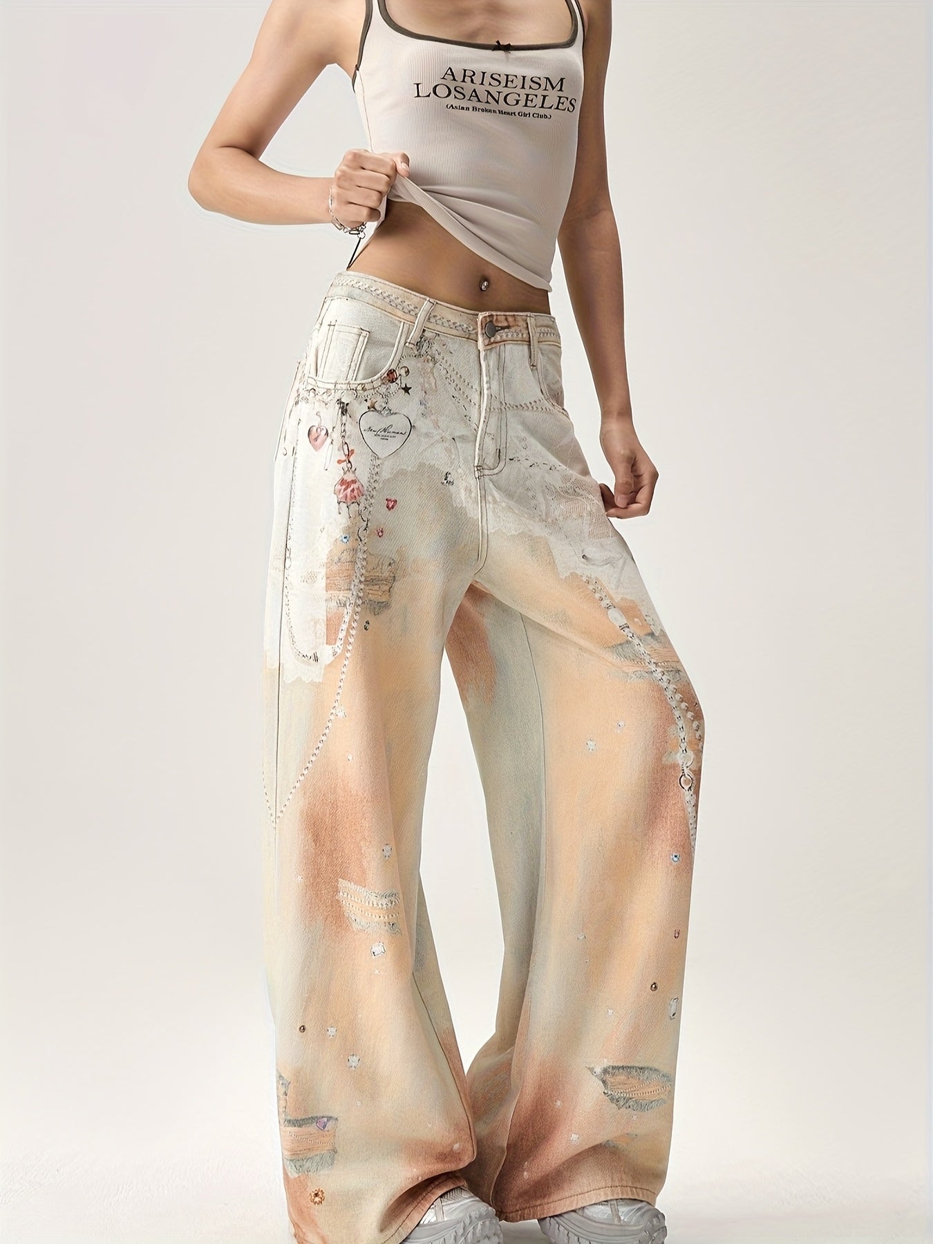 Women'S Retro Wide Leg Jeans with Star & Heart Print - Light Beige, Loose Fit, Non-Stretch Fabric, Casual Summer Style, All-Season Comfort, Comfortable Fashion | Vintage Style Jeans | Nonstretch Fabric