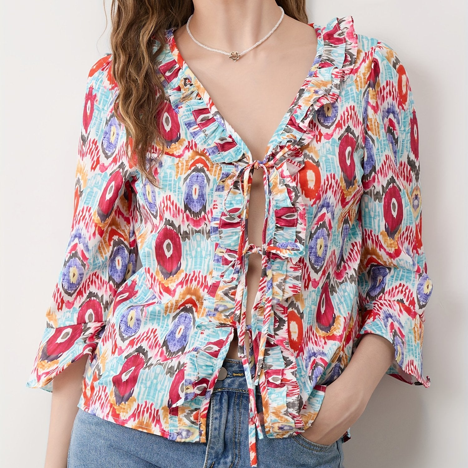 Women'S Colorful Pattern Print Shirt Flare Half Sleeve Bow Tie-Up Front V-Neck Loose Blouse