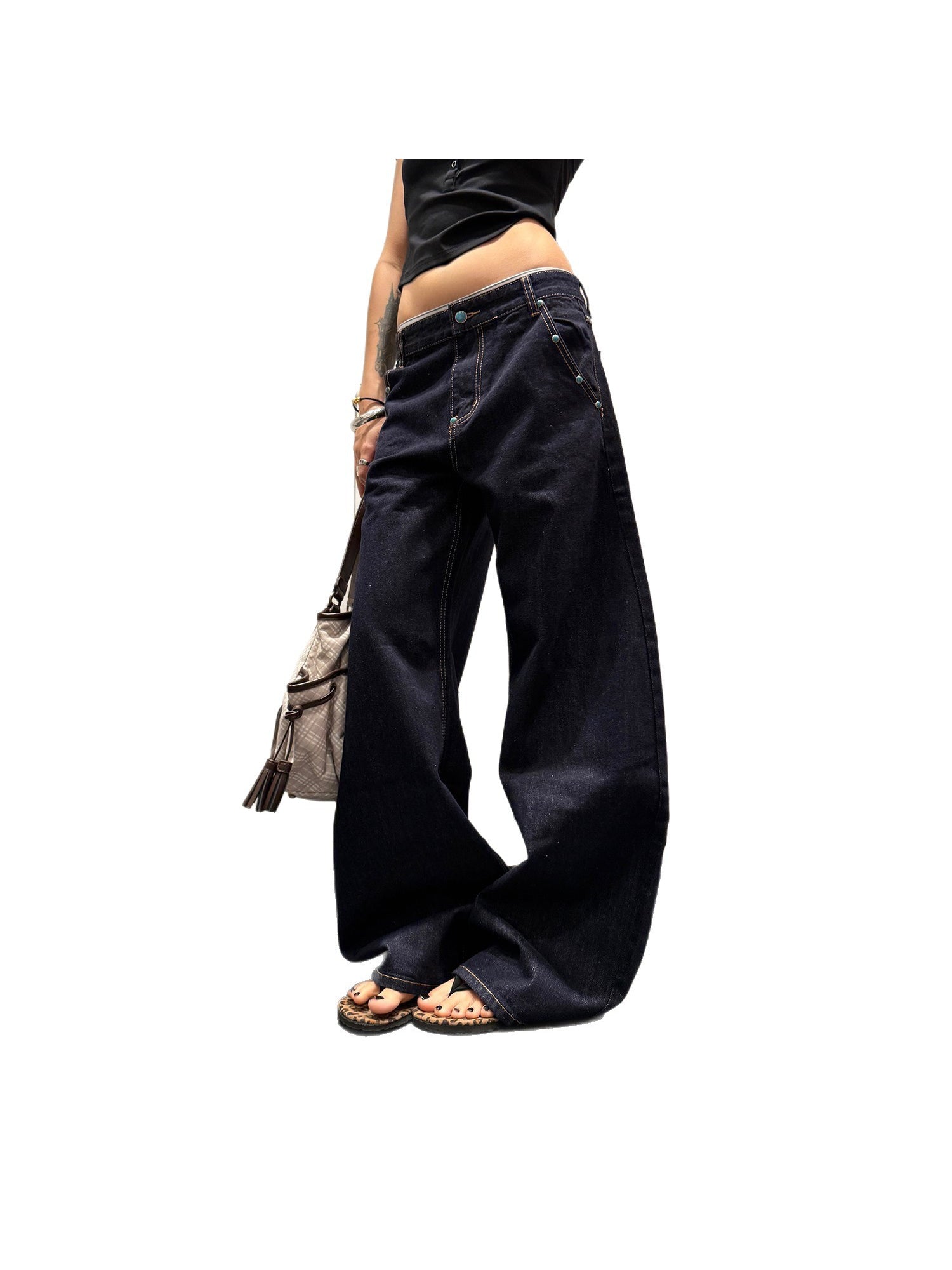 Women's High-Waisted Retro Turquoise Scimitar Jeans - A-Line Straight Wide-Leg Stretch Denim Pants with Beltless Design & Built-In Zipper Closure, All-Season Casual to Semi-Formal Wear, Machine Washable (Original Color, Unisex Style)