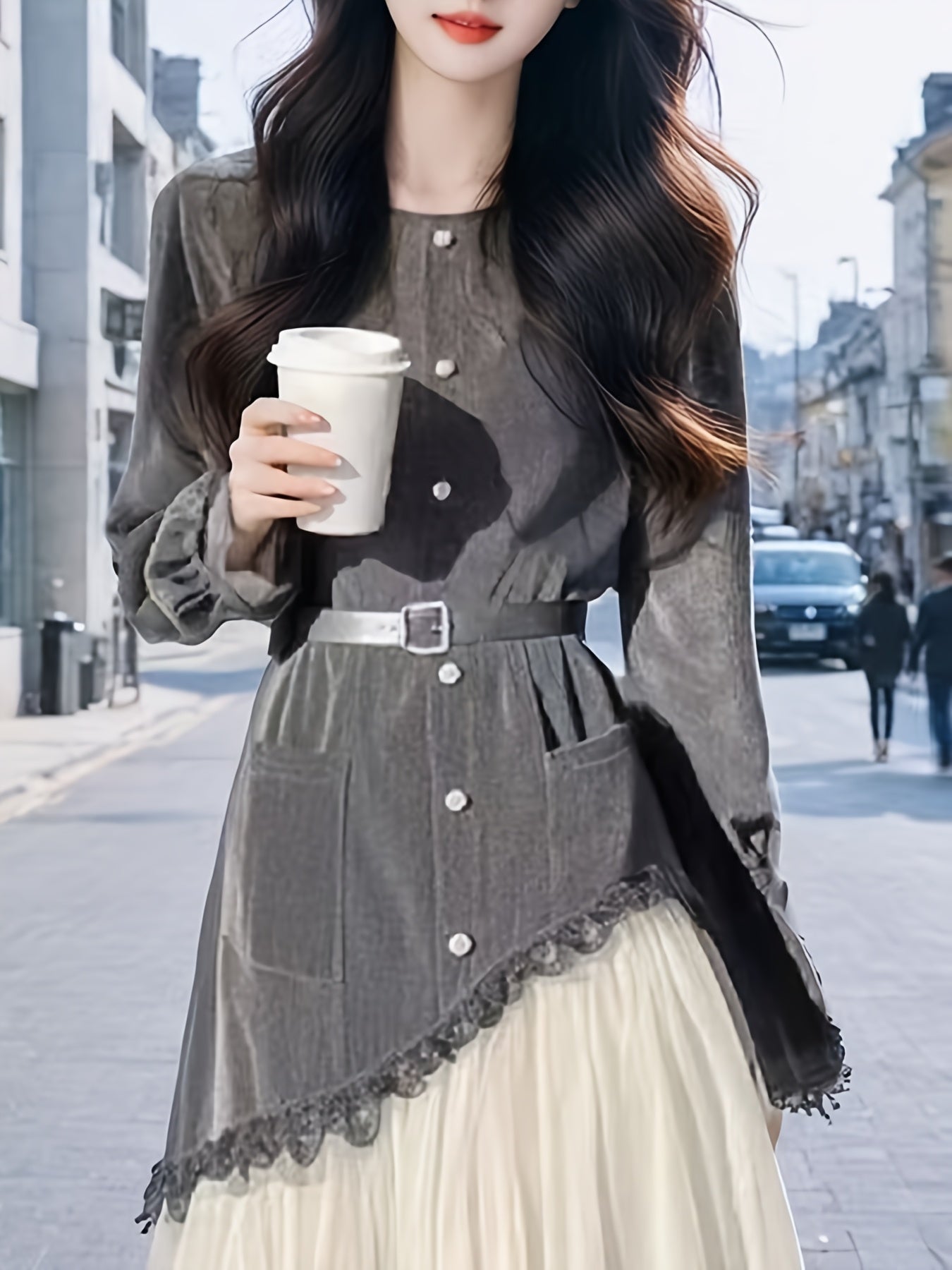 Women'S Stylish And Elegant Two-Piece Dress with Pockets, Long Sleeves, And a Belt Included.