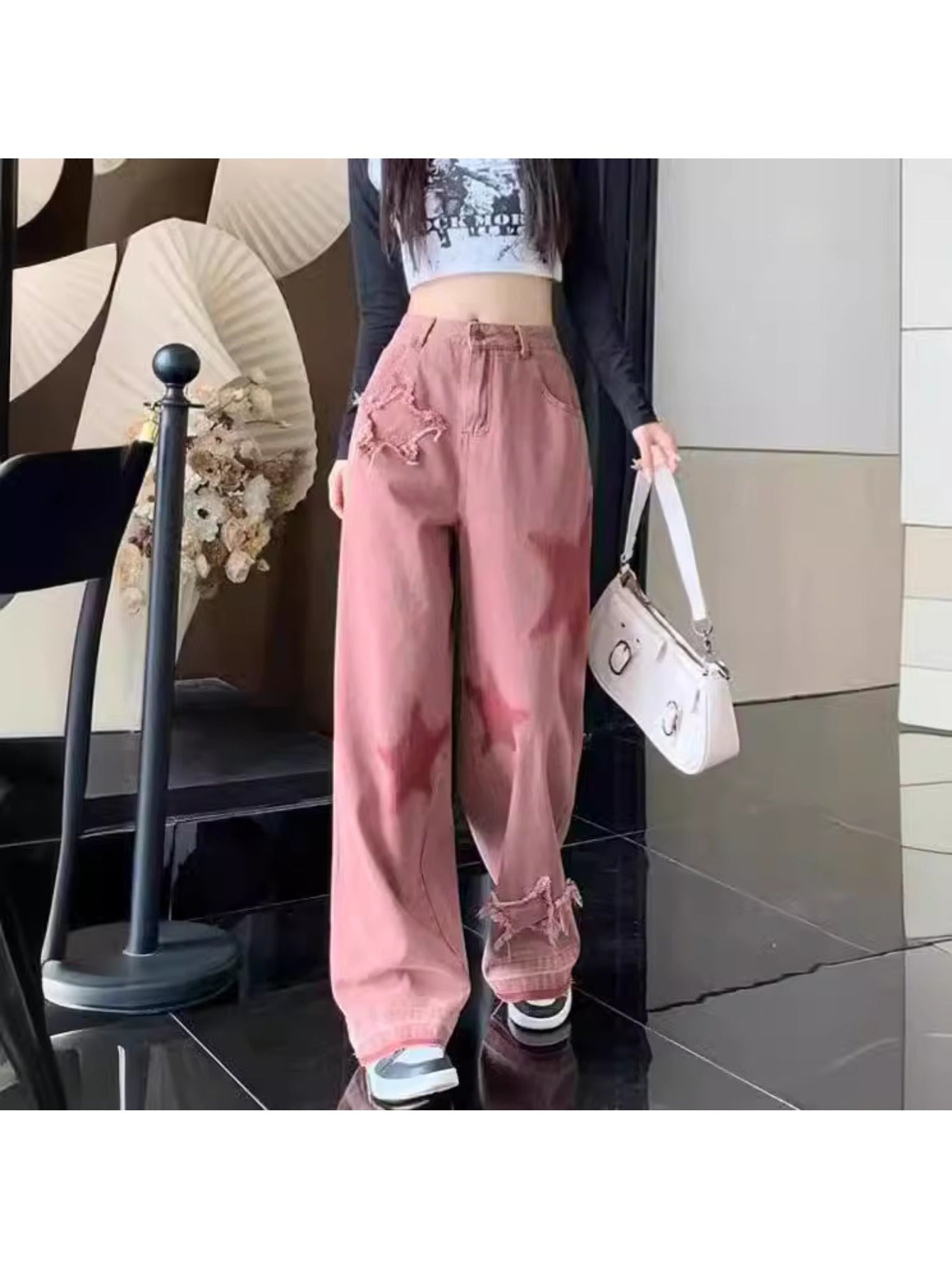 Women's Retro Star Embroidered Color-Block Jeans, Loose Fit with Frayed Hem, Pink & White Two-Tone Design, Versatile Streetwear Style, 100%, Machine Washable, Relaxed Fit Pants | Twotone Denim | Side Pockets Style