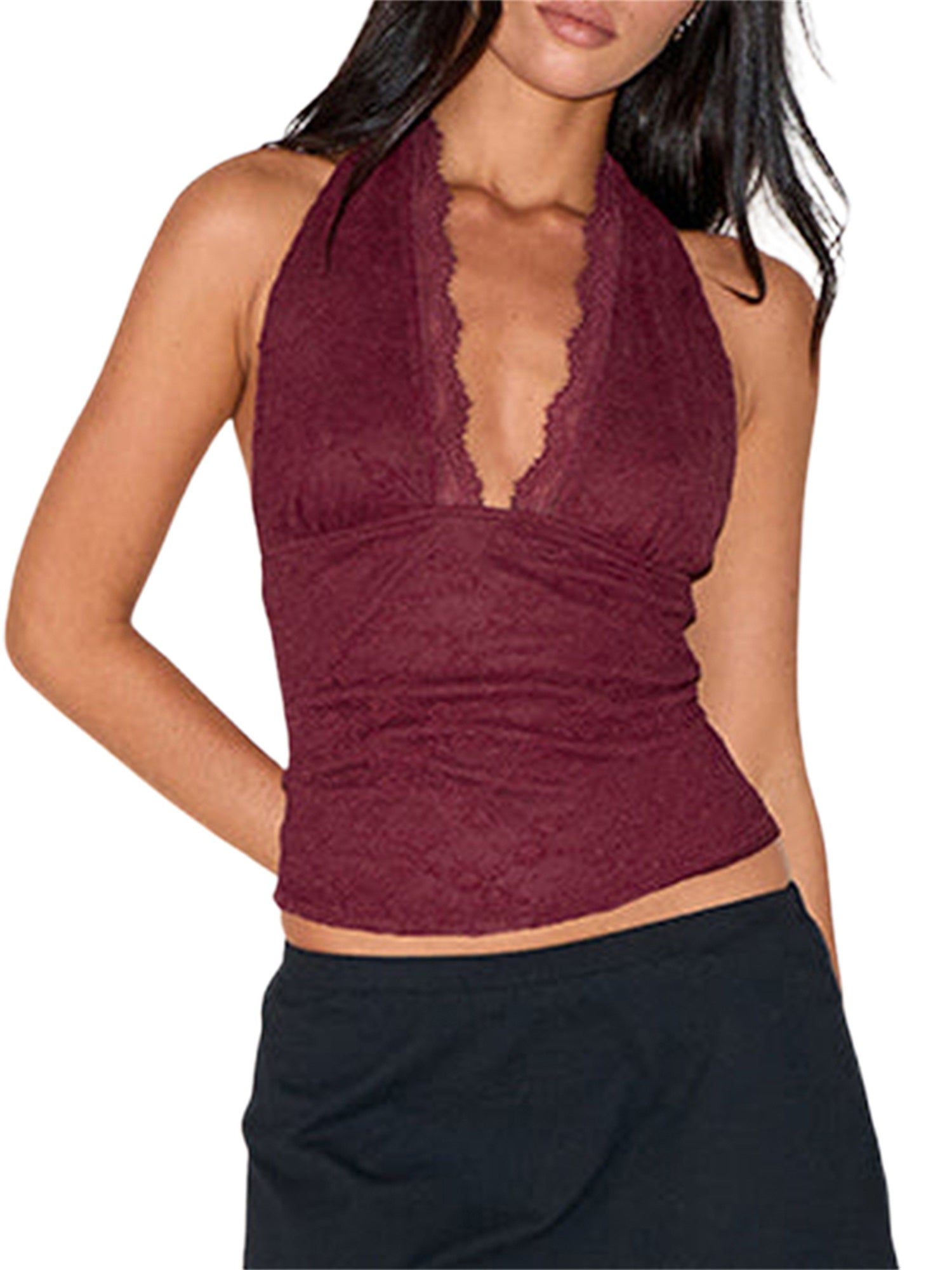 Ladies' Lace Vest, Sleeveless Off Shoulder Collar Solid Color Slim Fit Summer Top.