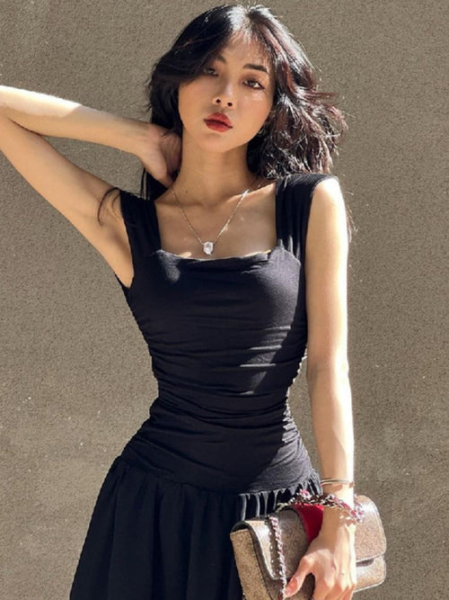 -American Style Summer Dress - Tulle Spaghetti Strap Square Neckline, Cinched Waist & Pleated Flared Skirt, Casual Solid Color Machine Washable, Occasion Dress, Cinched Waist Dress, Stylish Pleats