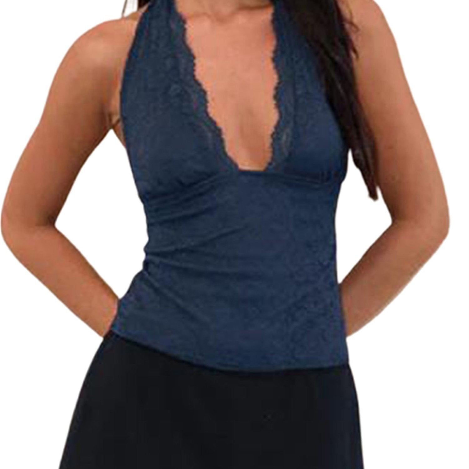 Ladies' Lace Vest, Sleeveless Off Shoulder Collar Solid Color Slim Fit Summer Top.