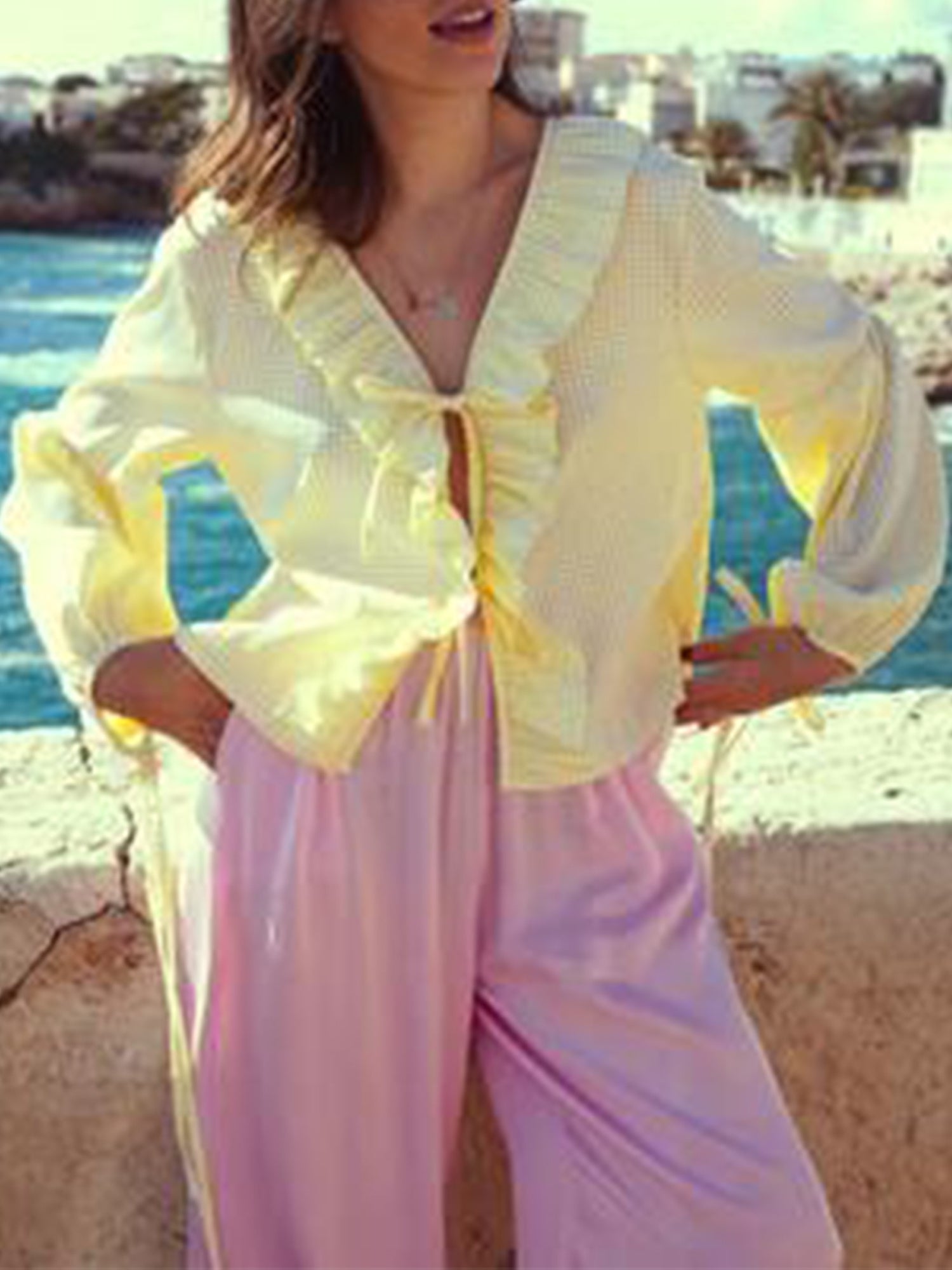 Women'S Spring Summer Casual Blouse Long Sleeve V Neck Tie Front Plaid Babydoll Tops