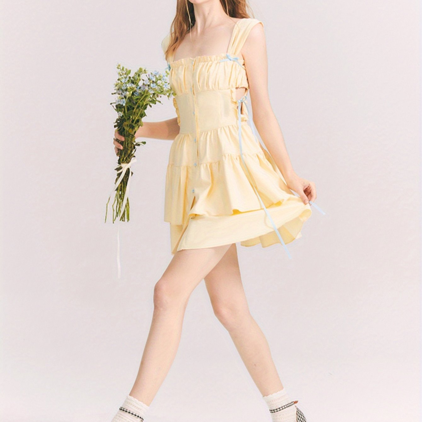 Los Angeles Dopamine Yellow Bow Princess Dress with Ruffled Skirt and Lace Detail - Sleeveless Mini Dress for Women, Perfect for All Seasons, Elegant and Chic Style, Cute Dress