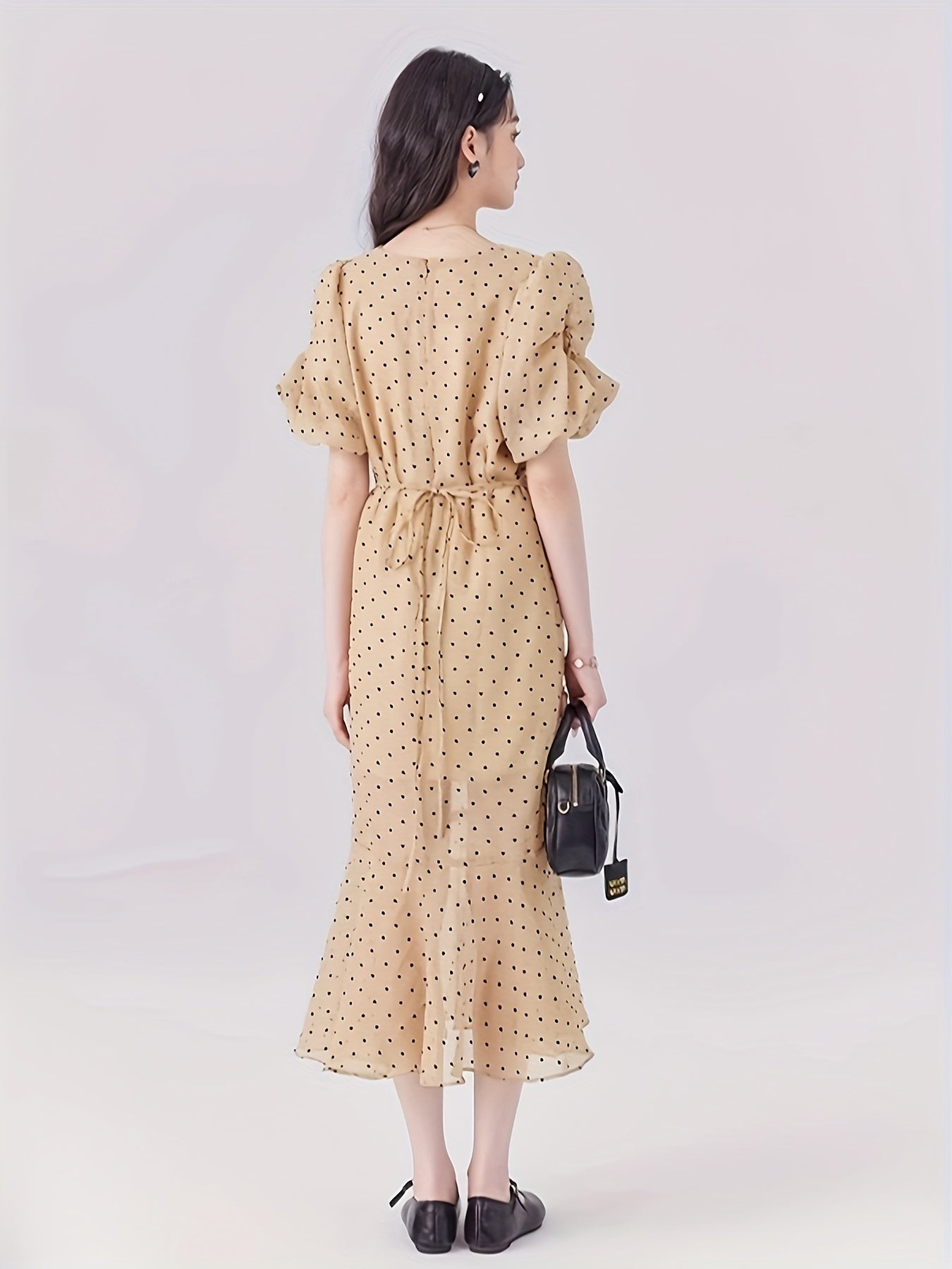Elegant French-Inspired V-Neck Polka Dot Dress with Puff Sleeves - High Waist, Flowy Summer Dress for Women, Beige, Retro Style, Elegant Event Wear | Frenchinspired Dress | Polyester Fabric