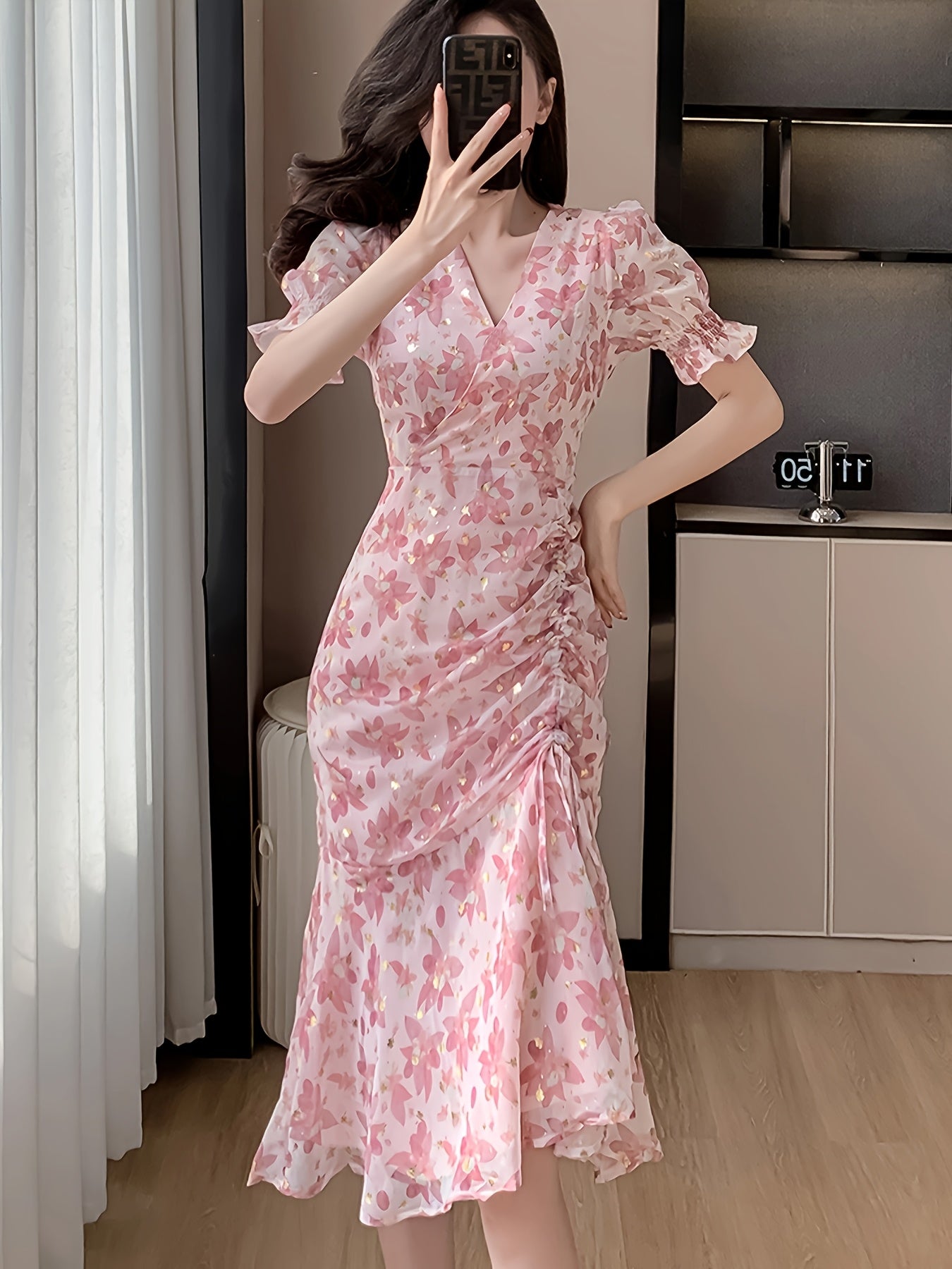 Women's Elegant Floral Short-Sleeve Chiffon Maxi Dress