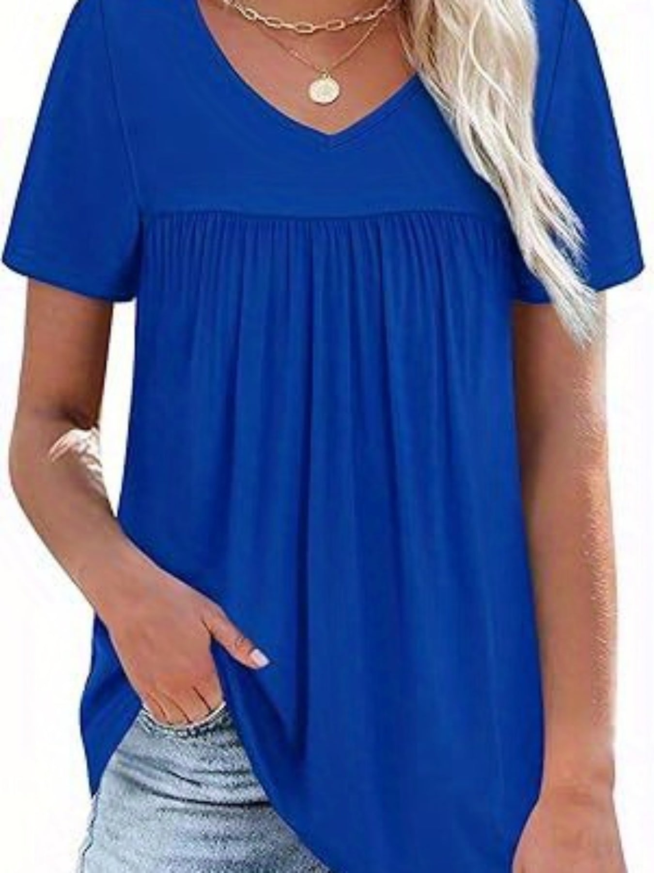 Women's Summer Casual Oversized Tops Short Sleeve V Neck Solid Color Loose Fit T-shirt