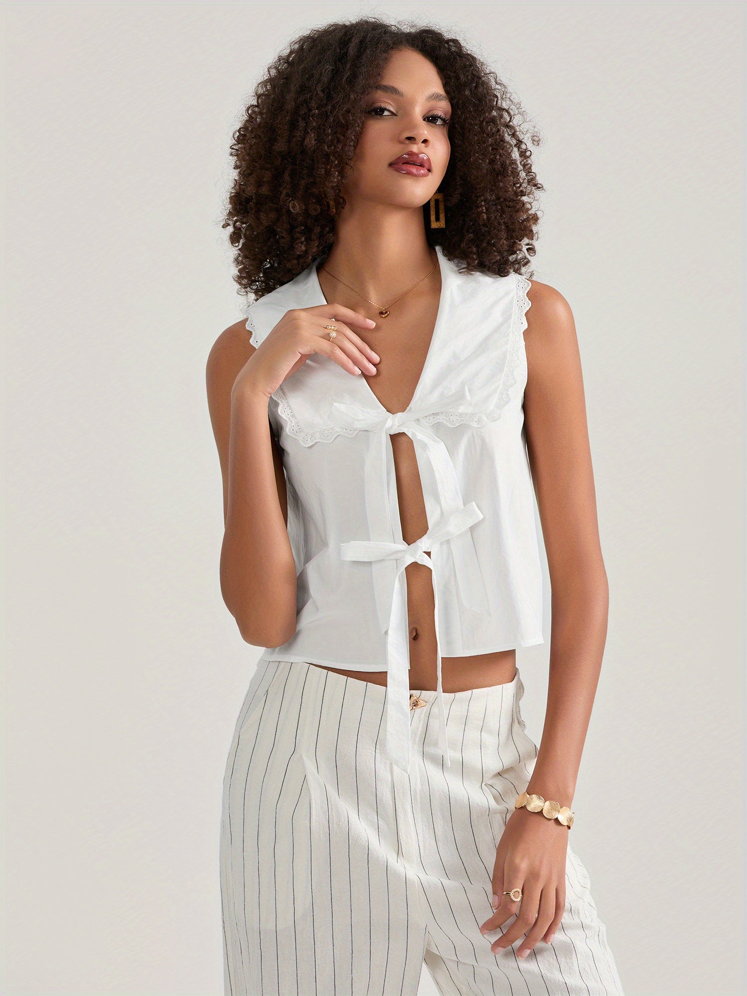 Women's Summer Cropped Tank Top - Sleeveless Doll Collar Tie-Front Design, Lightweight Breathable Fabric, Casual Chic Solid Color Vest for Beach, Picnics & Casual Outings, Casual Outings Vest | Collarbone Cutout | Ruffled Sleeves