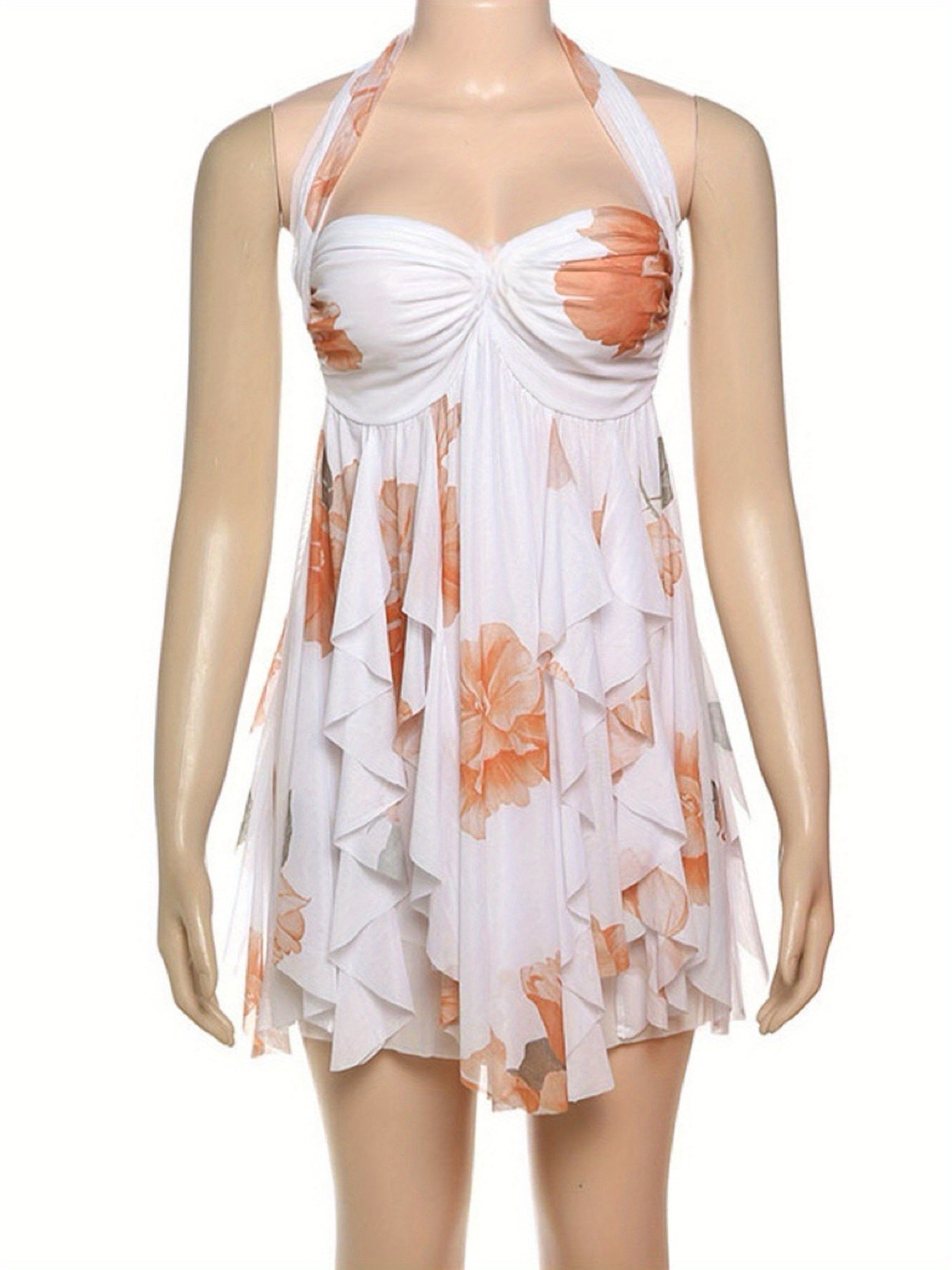 Floral Halter Mini Dress for Women Summer Fashionable Sleeveless Backless Flowy Short Dress