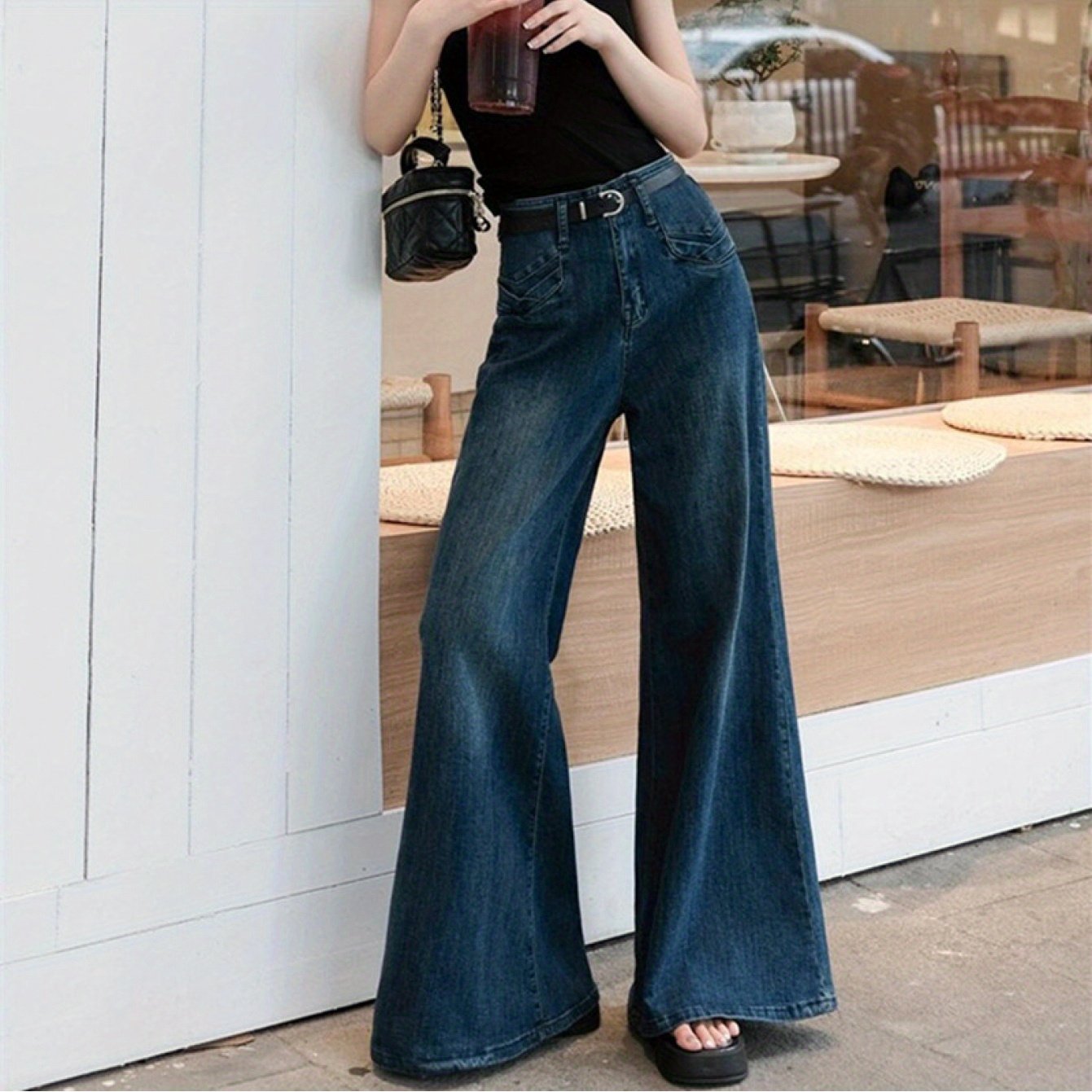 Hong Kong Style Retro Dark Blue Draped Flared Jeans for Women, Spring and Autumn, Petite Loose Wide-Leg Pants, Floor-Length Trousers