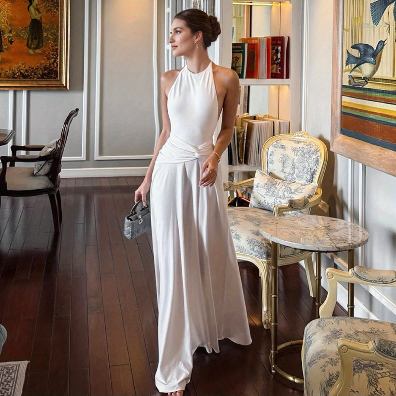 Elegant Women'S Halter Neck Backless Ruched Waist Dress - Sleeveless, Long Flowing Skirt, Solid Color, Perfect for Spring\u002FSummer\u002FFall, Formal Event Attire, Formal Event Dress | Sleeveless Fashion | Ruched Waist Design, Cute Dresses