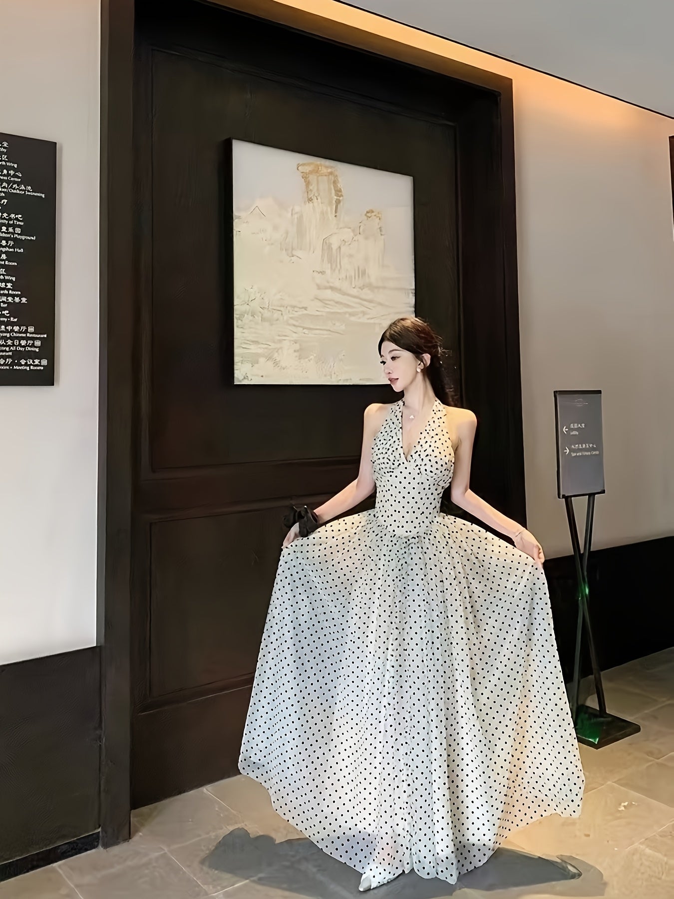 Women's Elegant Polka Dot V-Neck Halter Neck Dress - Backless Ruffled Hem, Fitted Top & Flowy Skirt, Lightweight Polyester, Machine Washable, All-Season Vacation & Formal Wear