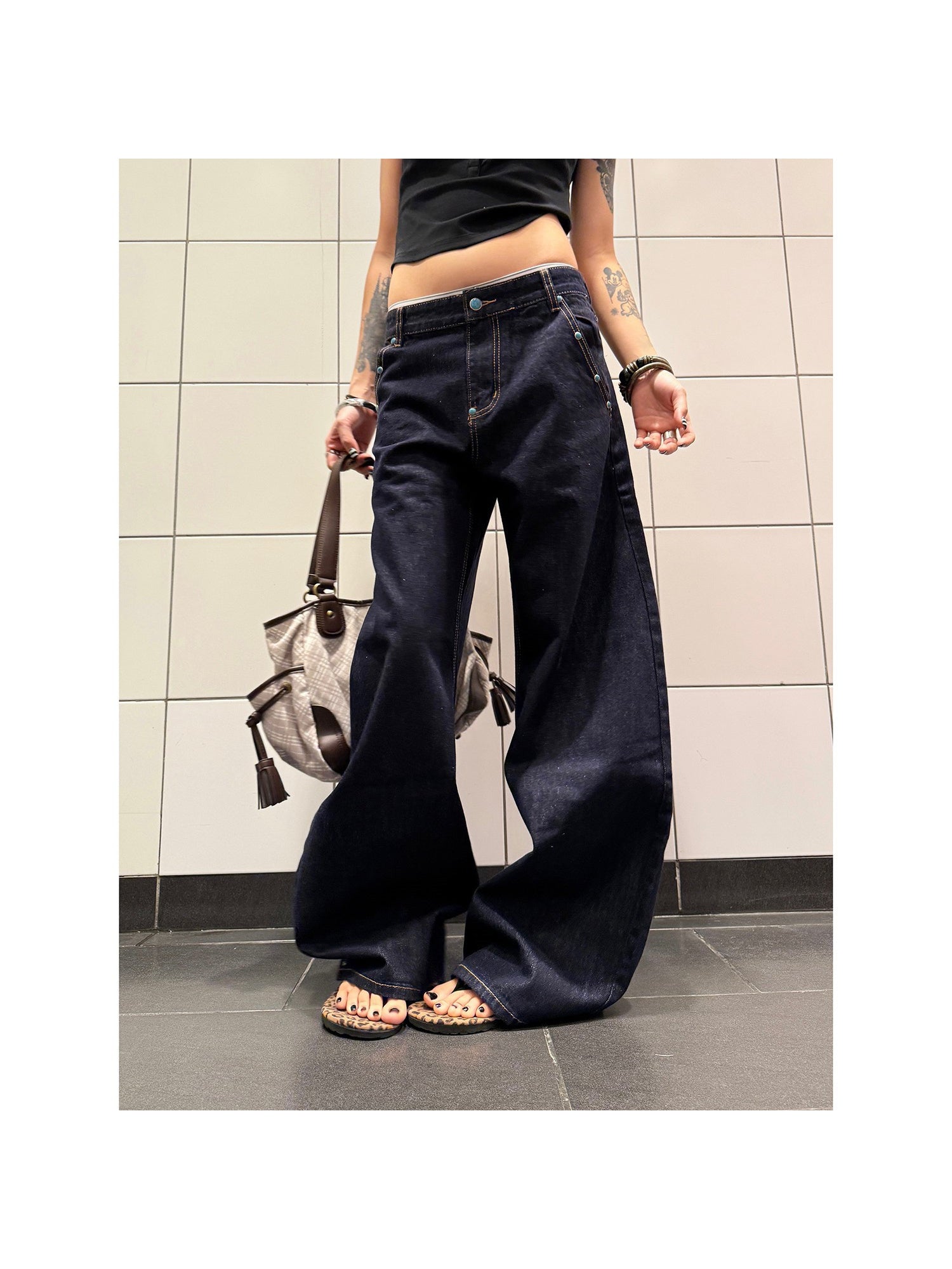 Women's High-Waisted Retro Turquoise Scimitar Jeans - A-Line Straight Wide-Leg Stretch Denim Pants with Beltless Design & Built-In Zipper Closure, All-Season Casual to Semi-Formal Wear, Machine Washable (Original Color, Unisex Style)