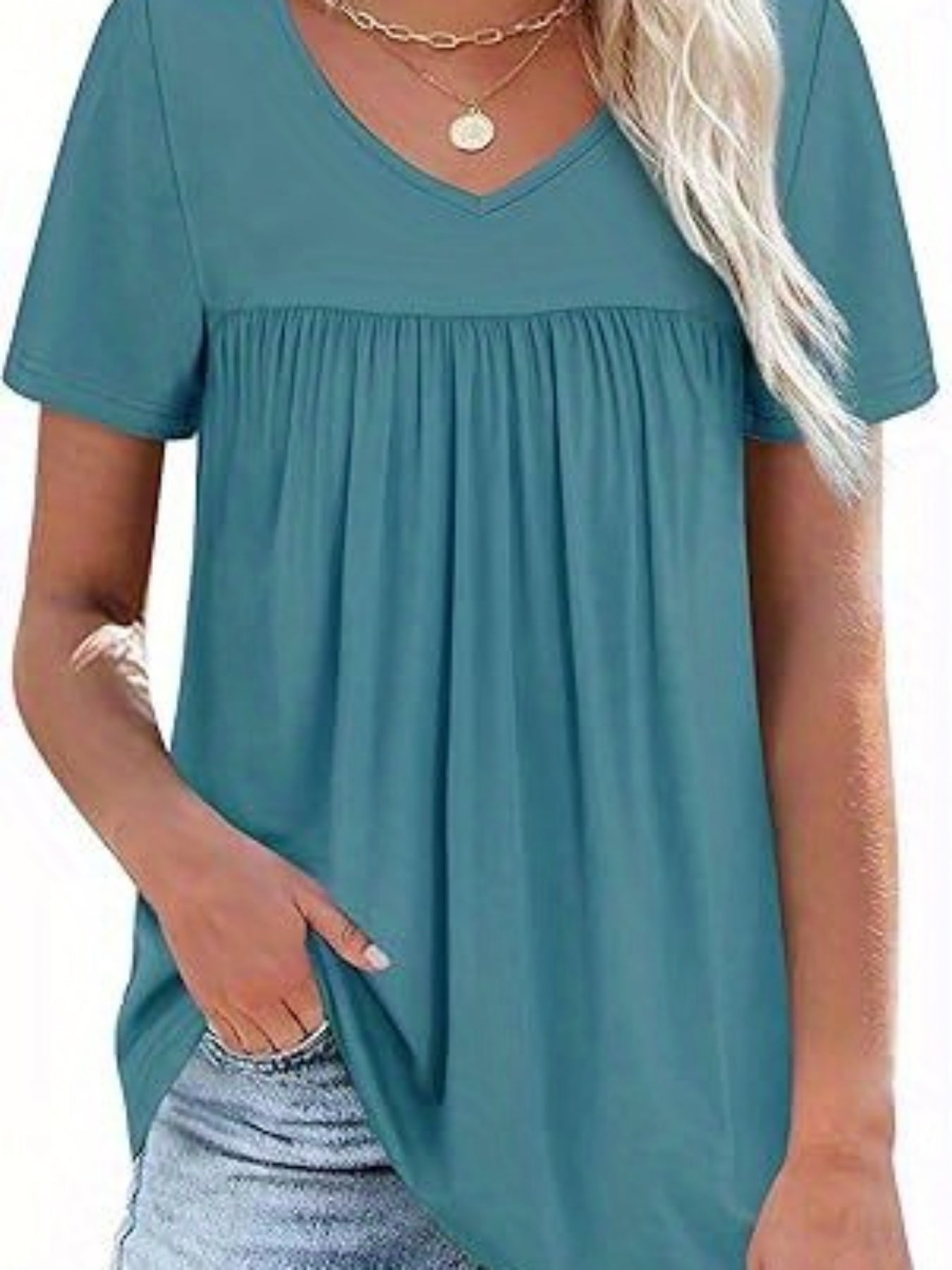 Women's Summer Casual Oversized Tops Short Sleeve V Neck Solid Color Loose Fit T-shirt
