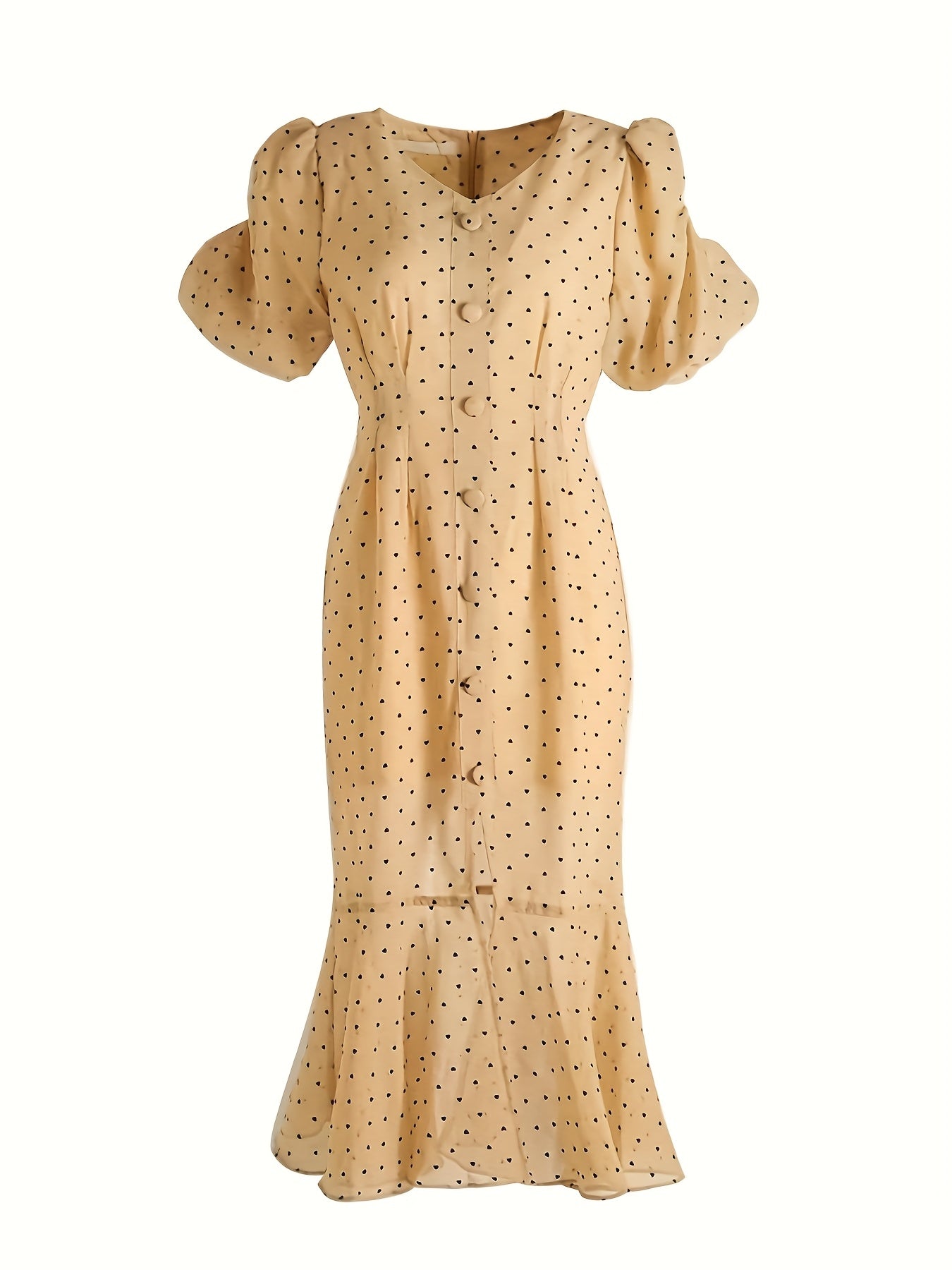 Elegant French-Inspired V-Neck Polka Dot Dress with Puff Sleeves - High Waist, Flowy Summer Dress for Women, Beige, Retro Style, Elegant Event Wear | Frenchinspired Dress | Polyester Fabric