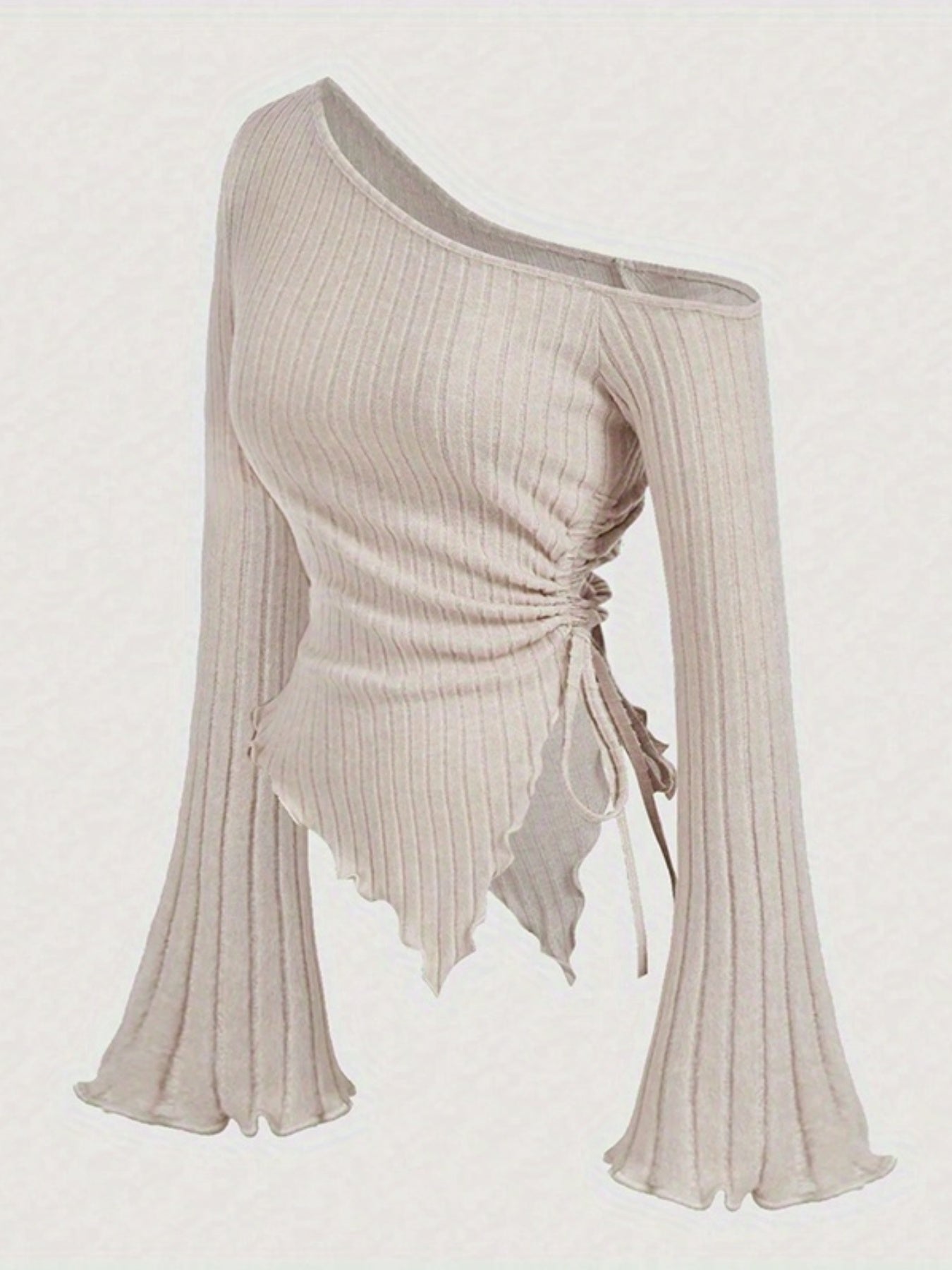 Women Long Sleeve T-Shirts Solid Color Oblique Shoulder Asymmetrical Hem Casual Shirts Spring Fall Slim Fit Tops