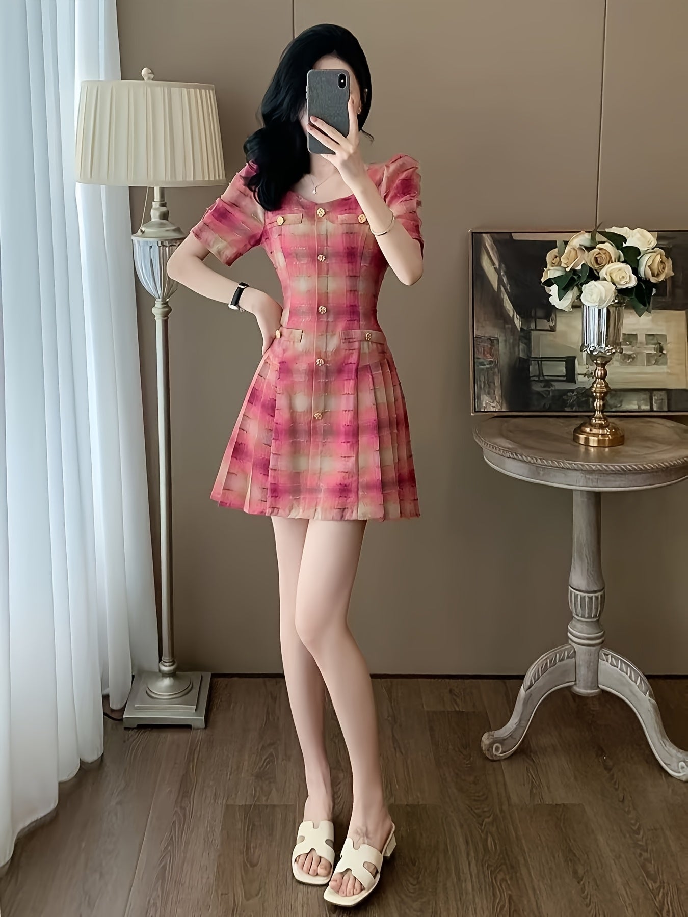 Elegant French-Inspired A-Line Dress for Women - Chic Sweetheart Collar, Geometric Pattern, Square Neck, Knee-Length, Perfect for Spring\u002FSummer\u002FFall, Ideal for Petite Figures, A-Line Silhouette | Frenchinspired Design | Fabric