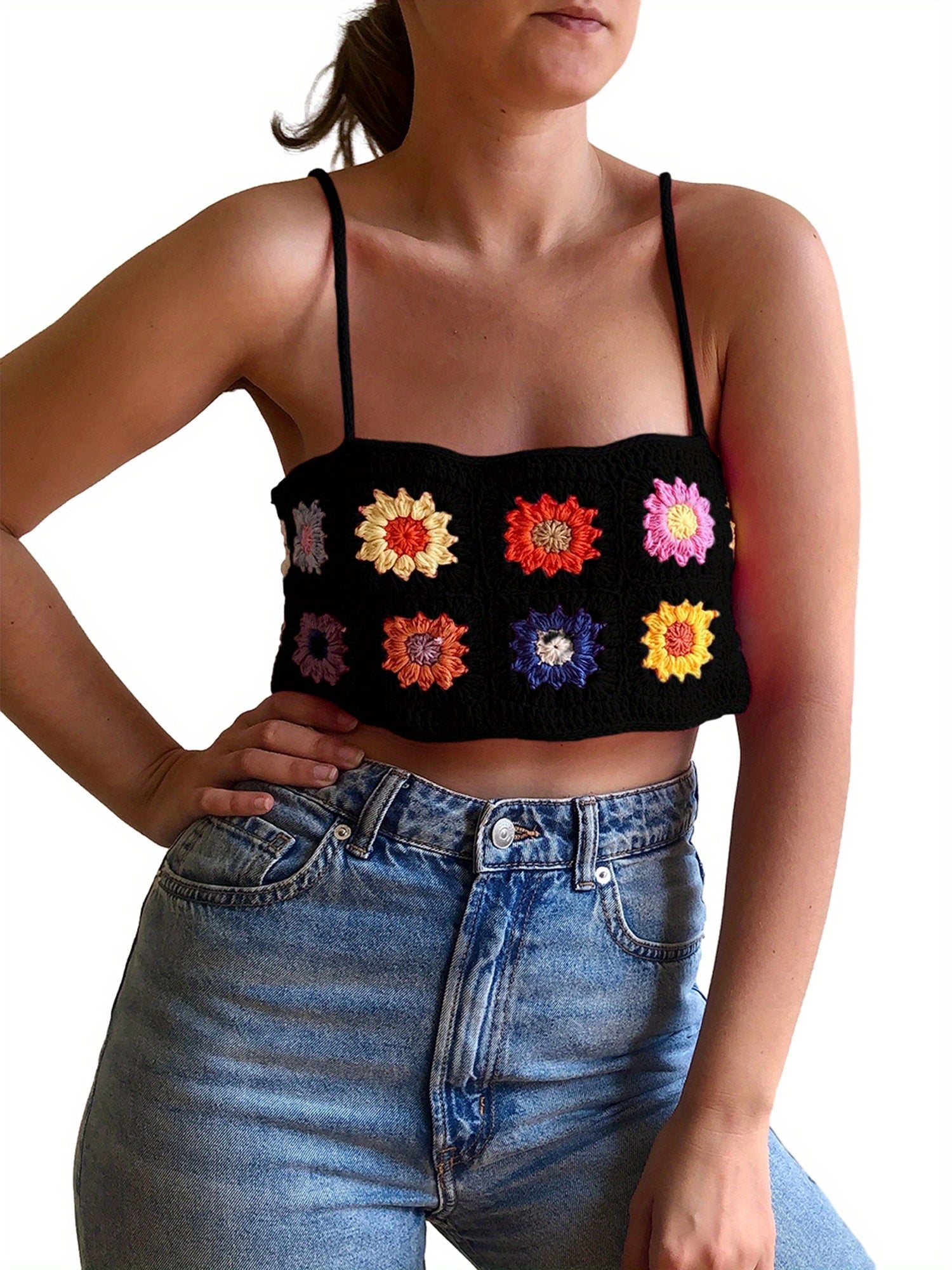 Women's Floral Print Knit Camisole Top - Backless Spaghetti Strap Semi-Sheer Summer Clubwear, Machine Washable Sexy Party & Casual Tops, Crochet Texture