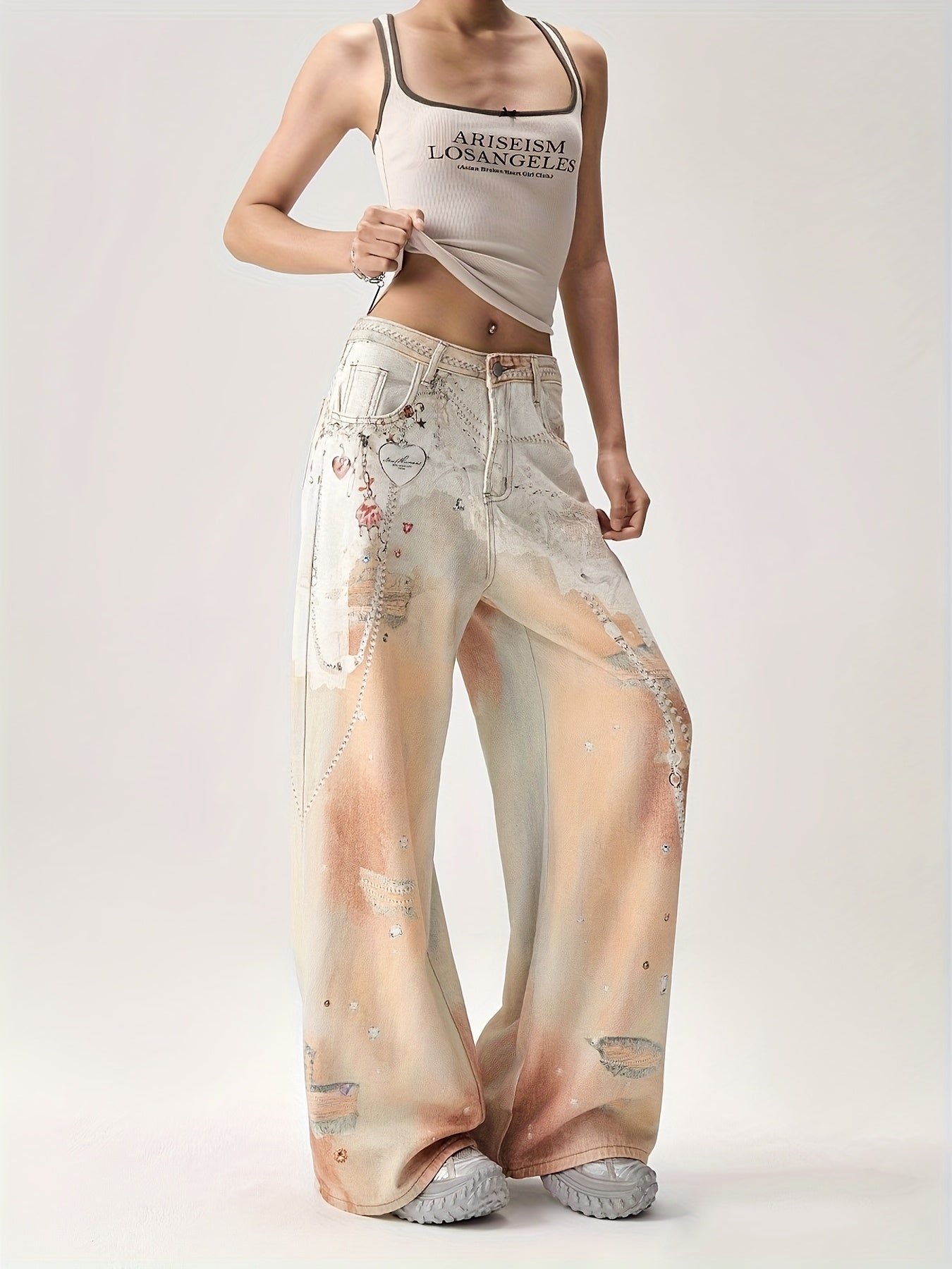 Women'S Retro Wide Leg Jeans with Star & Heart Print - Light Beige, Loose Fit, Non-Stretch Fabric, Casual Summer Style, All-Season Comfort, Comfortable Fashion | Vintage Style Jeans | Nonstretch Fabric