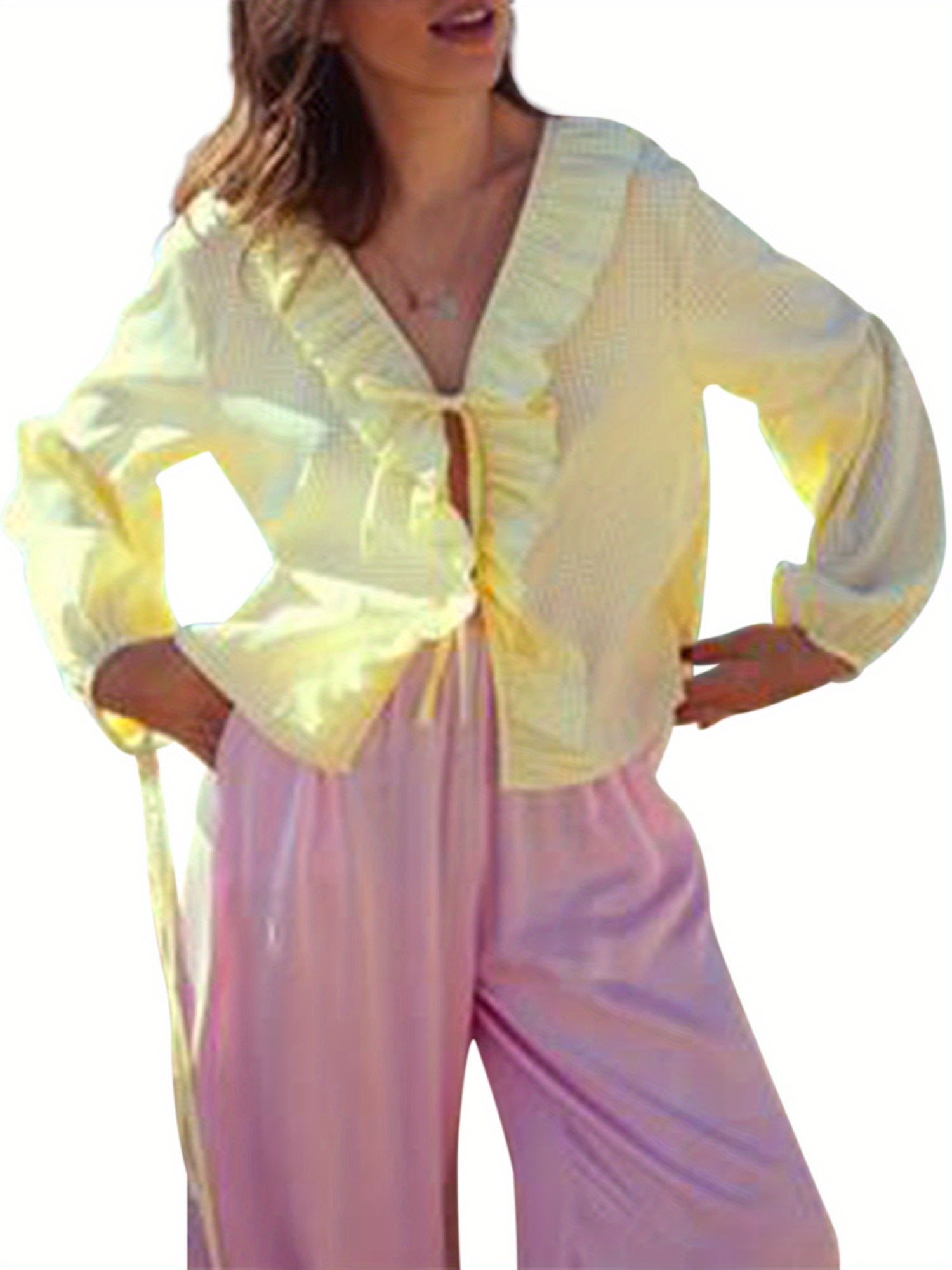 Women'S Spring Summer Casual Blouse Long Sleeve V Neck Tie Front Plaid Babydoll Tops