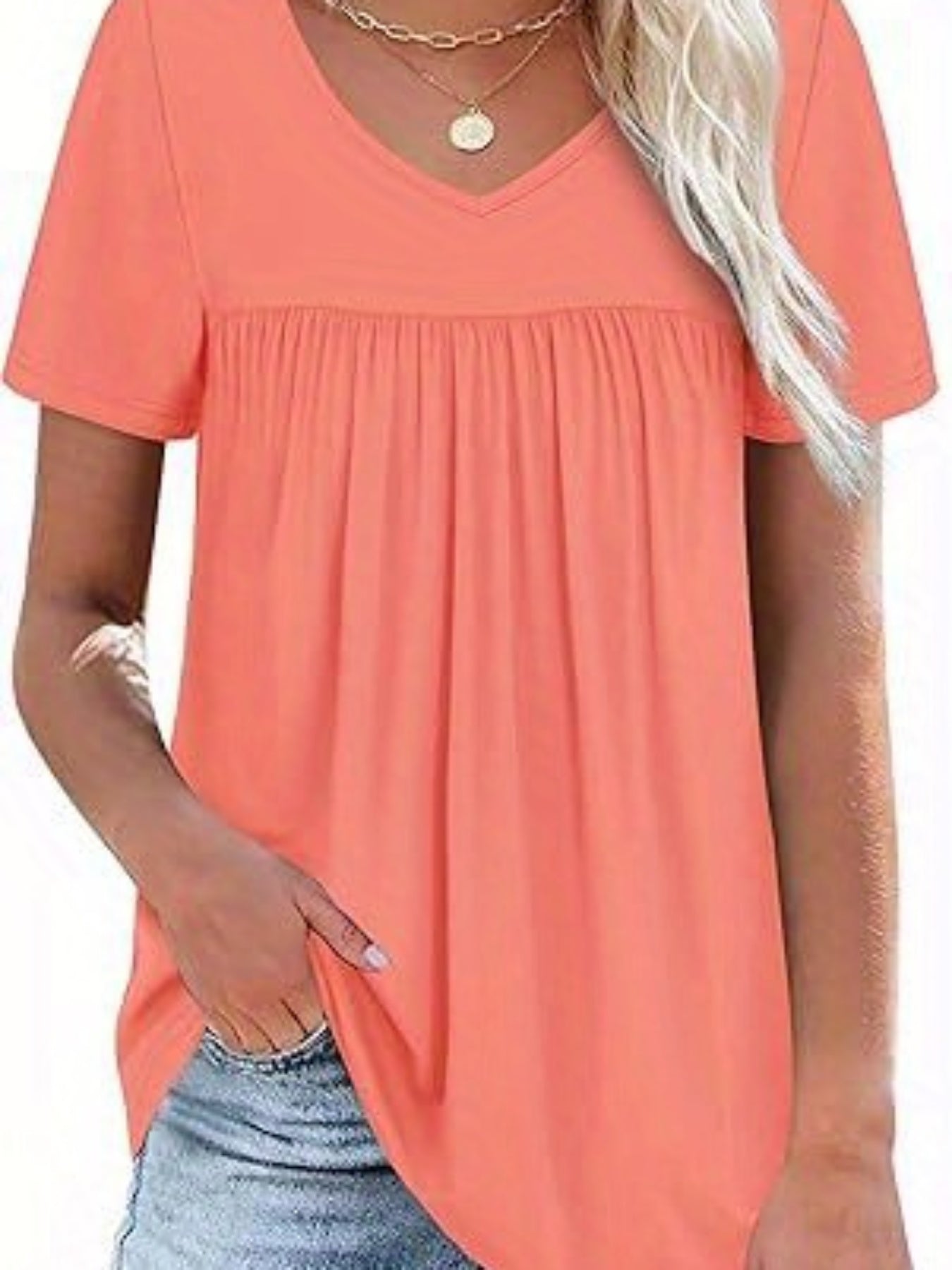 Women's Summer Casual Oversized Tops Short Sleeve V Neck Solid Color Loose Fit T-shirt