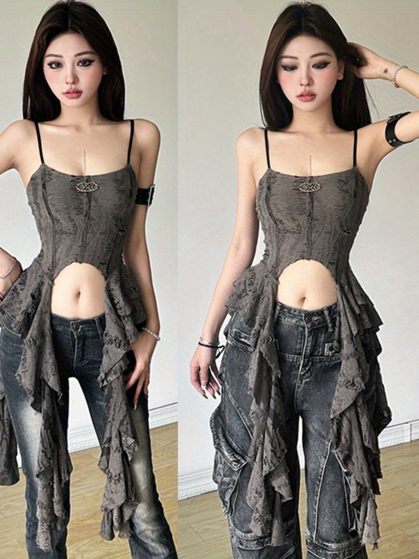 Y2K Women's Sleeveless Backless Camisole Tank Top with Ripped Metal Decor & Ruffled Hem - Solid Color Summer Vest, Machine Washable, Trendy Outfit | Decorative Metalwork | Denim Wash Fabric, Ladies Tank Tops