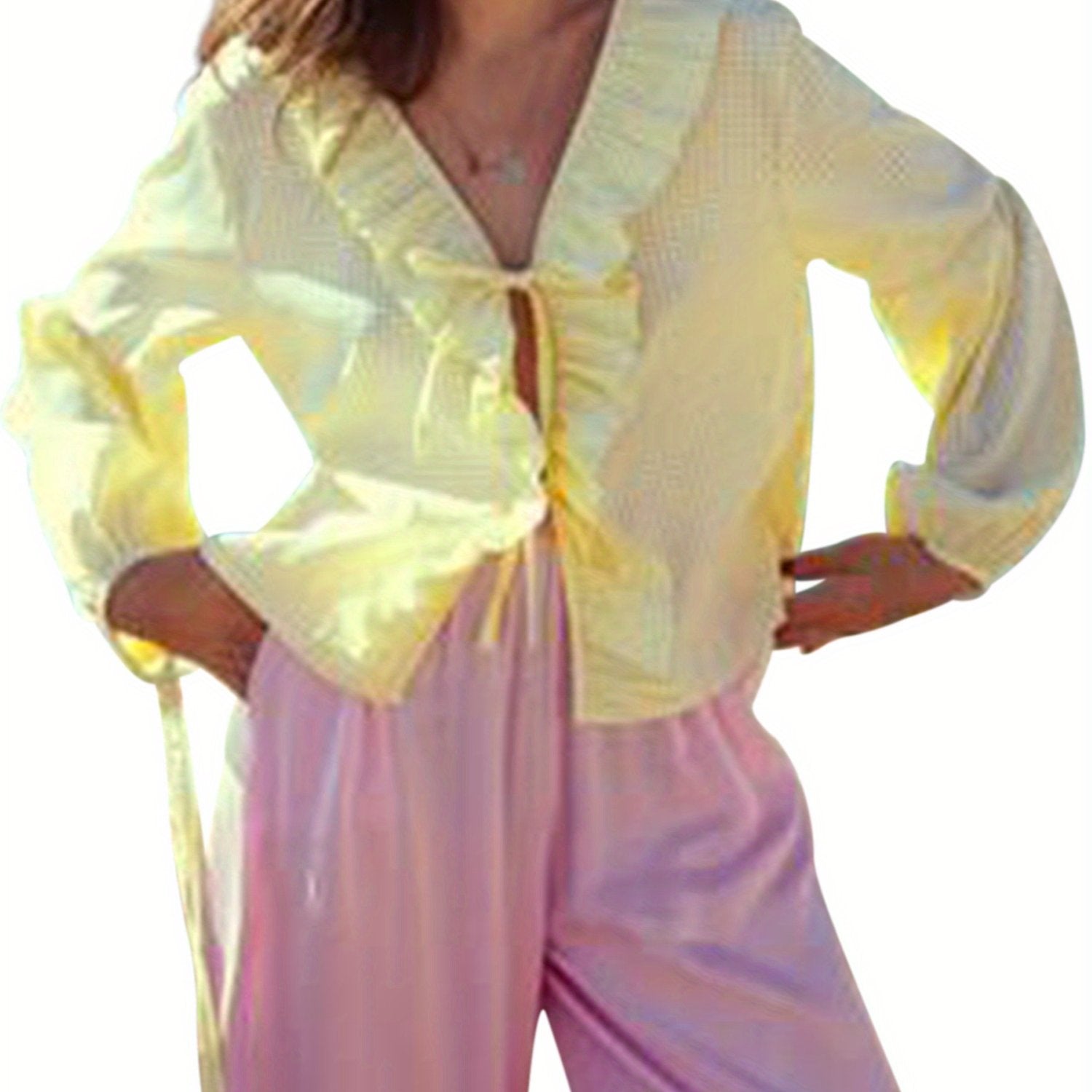 Women'S Spring Summer Casual Blouse Long Sleeve V Neck Tie Front Plaid Babydoll Tops