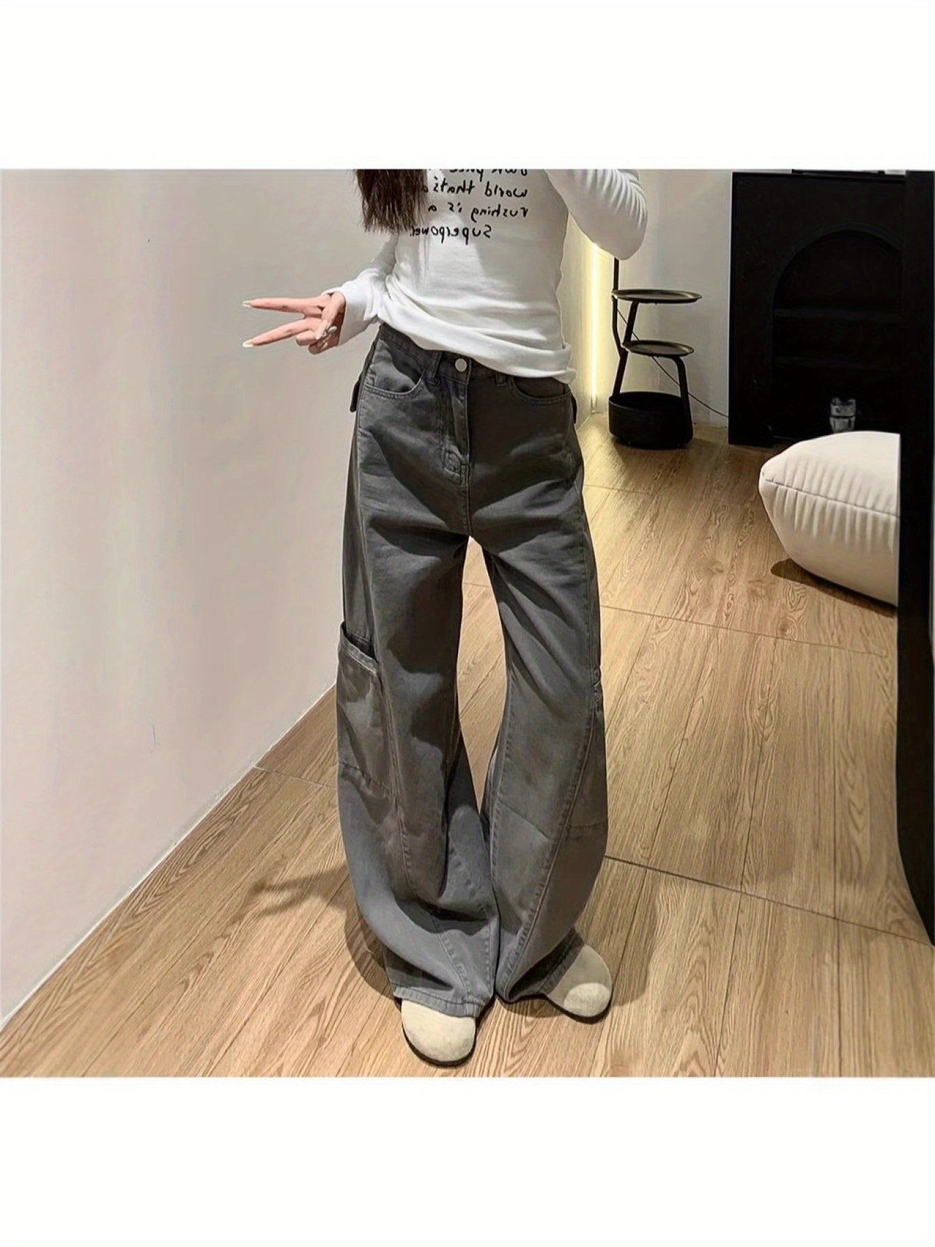 Gray Wide-Leg Cargo Pants for Women, Summer New Style, Plus Size, Loose Fit, Pear-Shaped Body, Straight-Leg Jeans