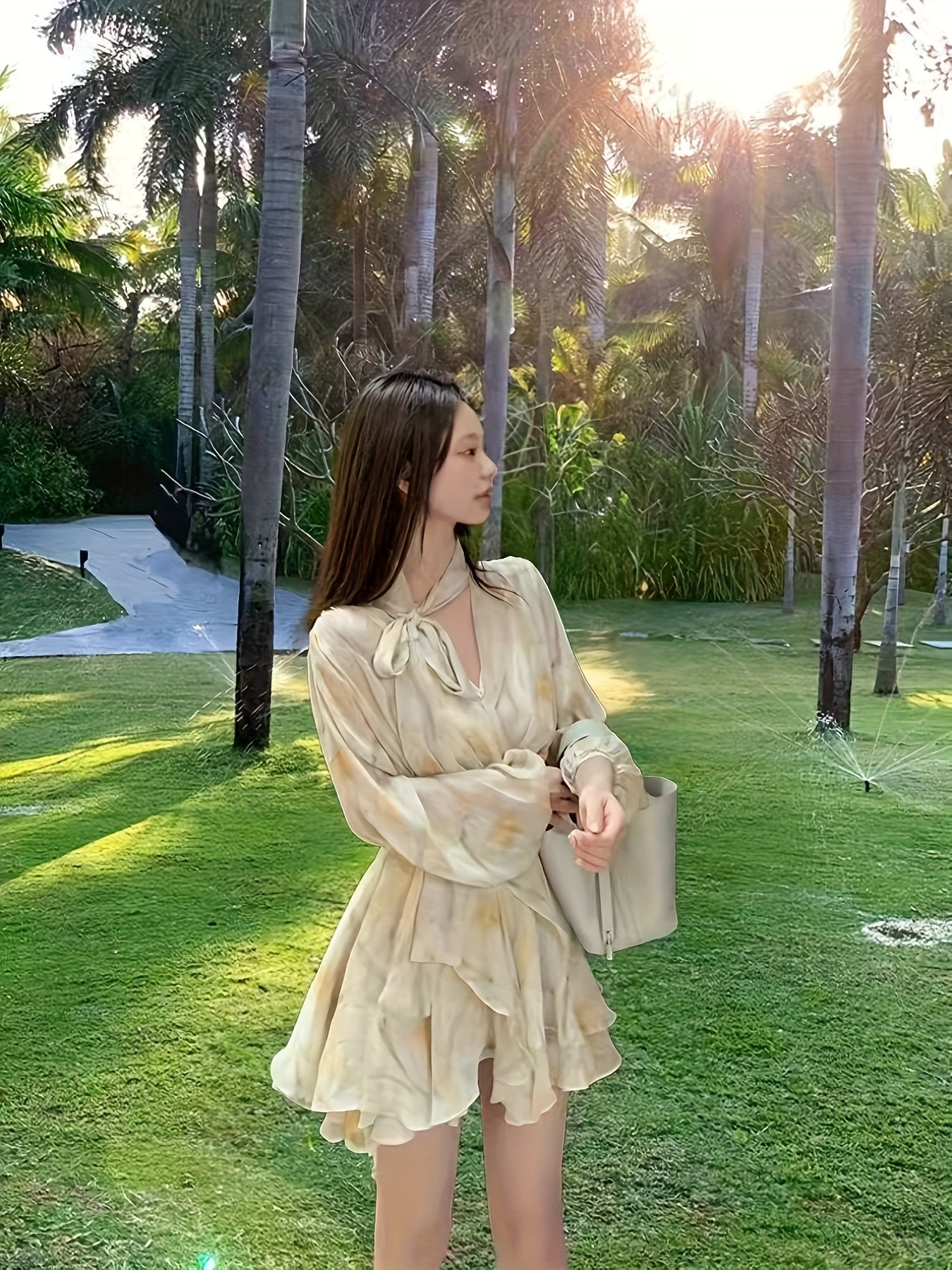 Elegant V-Neck Chiffon Dress with Puff Sleeves & Ruffled Hem - Long Sleeve, Tie-Waist, Floral Print, Ruffled Detail, Perfect for Spring\u002FFall, Adult Women'S Fashion, Casual Elegant Wear | Vneck Dress | Chiffon Fabric