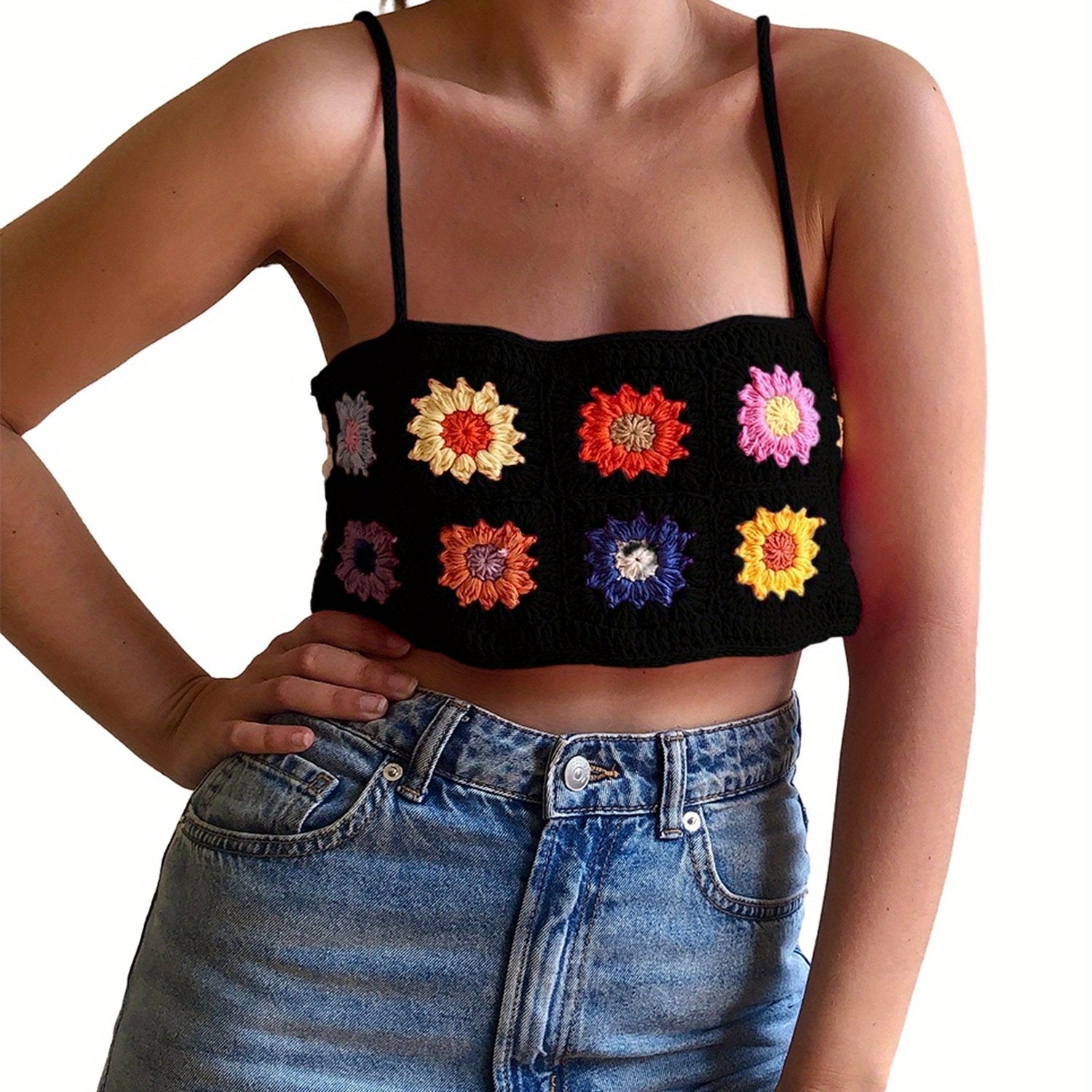 Women's Floral Print Knit Camisole Top - Backless Spaghetti Strap Semi-Sheer Summer Clubwear, Machine Washable Sexy Party & Casual Tops, Crochet Texture