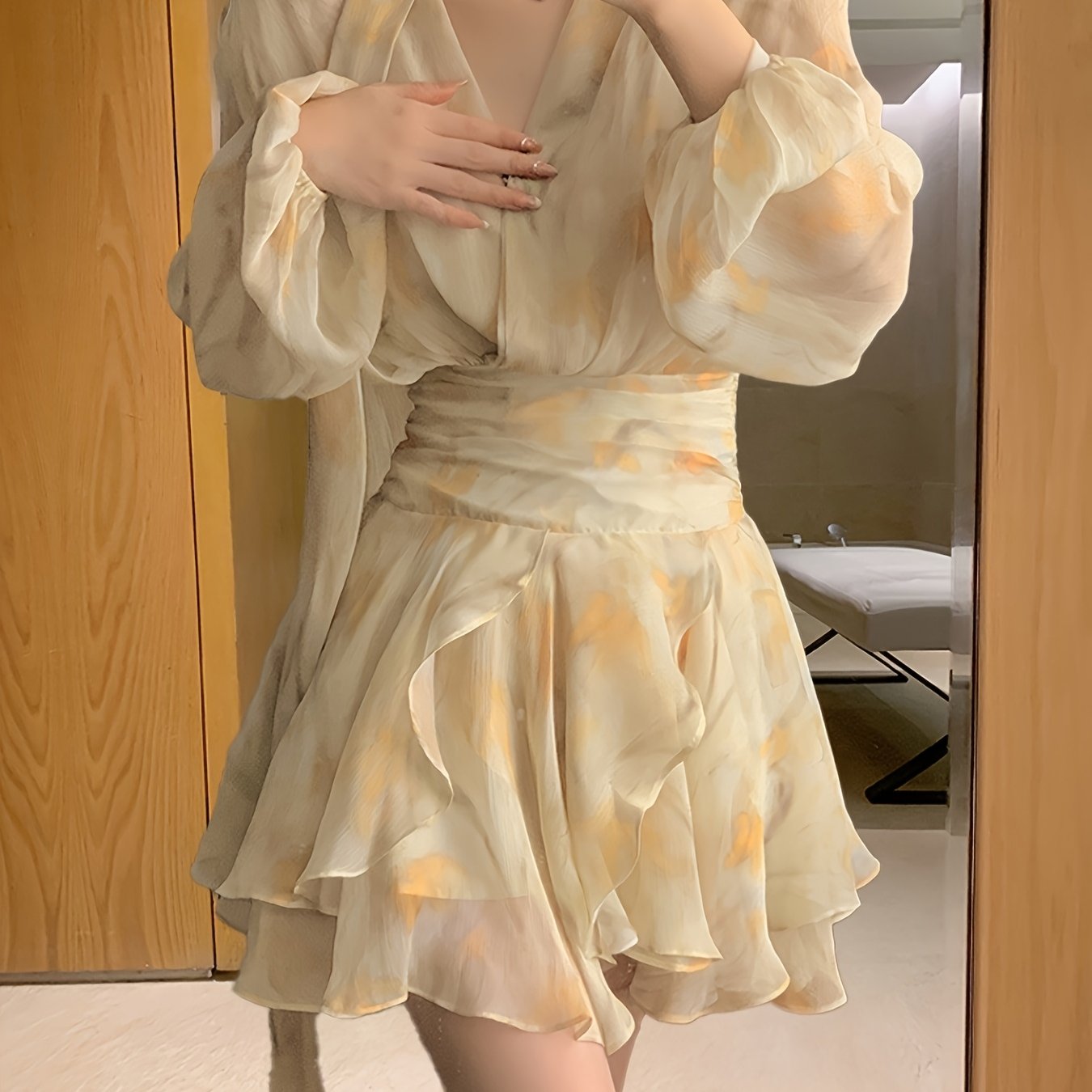 Elegant V-Neck Chiffon Dress with Puff Sleeves & Ruffled Hem - Long Sleeve, Tie-Waist, Floral Print, Ruffled Detail, Perfect for Spring\u002FFall, Adult Women'S Fashion, Casual Elegant Wear | Vneck Dress | Chiffon Fabric