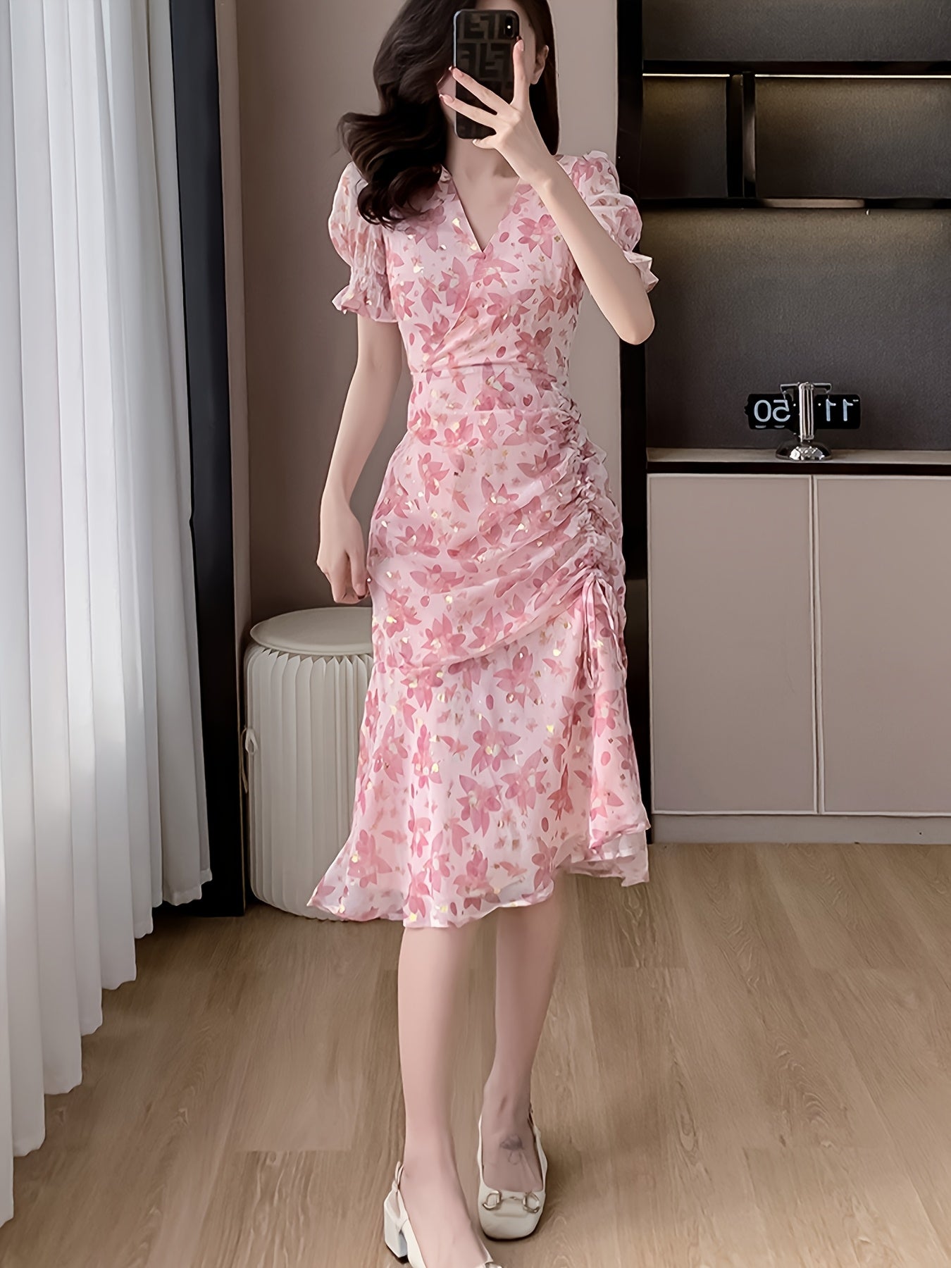 Women's Elegant Floral Short-Sleeve Chiffon Maxi Dress
