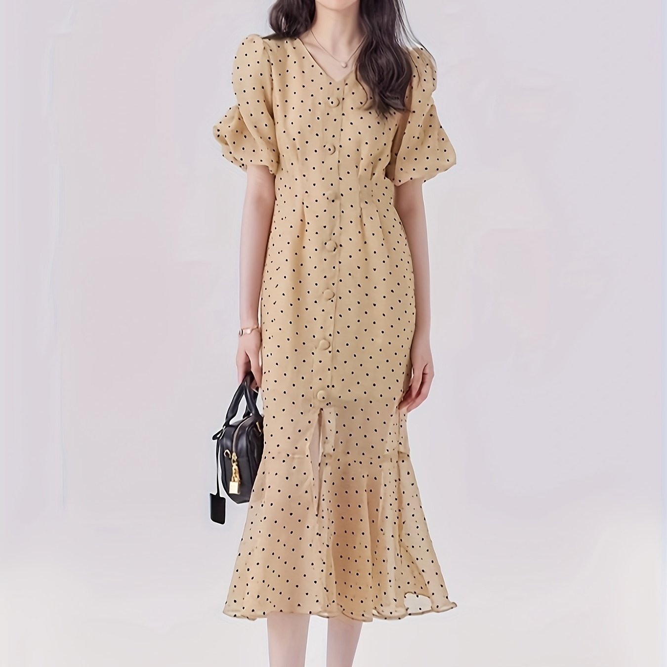 Elegant French-Inspired V-Neck Polka Dot Dress with Puff Sleeves - High Waist, Flowy Summer Dress for Women, Beige, Retro Style, Elegant Event Wear | Frenchinspired Dress | Polyester Fabric