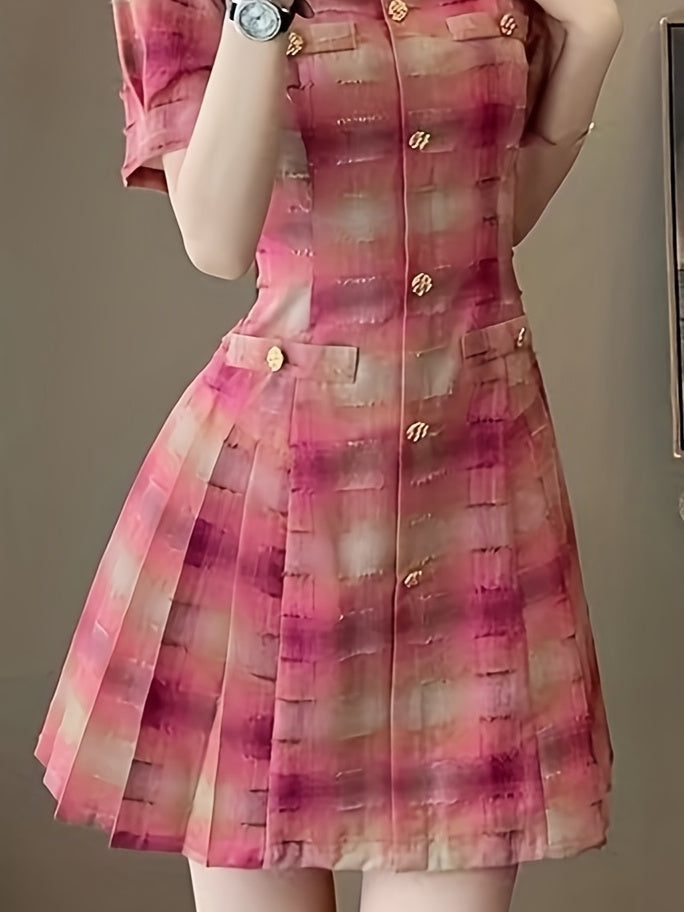 Elegant French-Inspired A-Line Dress for Women - Chic Sweetheart Collar, Geometric Pattern, Square Neck, Knee-Length, Perfect for Spring\u002FSummer\u002FFall, Ideal for Petite Figures, A-Line Silhouette | Frenchinspired Design | Fabric