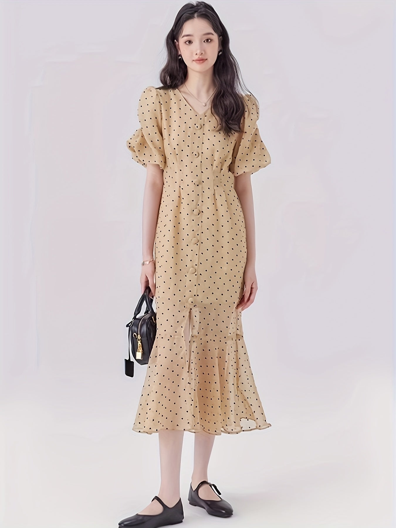 Elegant French-Inspired V-Neck Polka Dot Dress with Puff Sleeves - High Waist, Flowy Summer Dress for Women, Beige, Retro Style, Elegant Event Wear | Frenchinspired Dress | Polyester Fabric