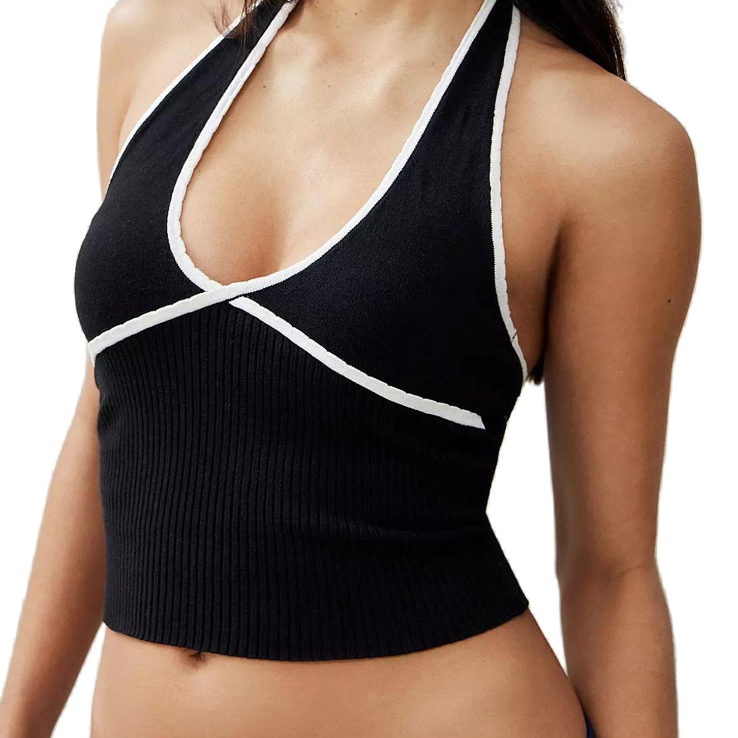 Women Tank Tops Patchwork Halter Neck Casual Vests Summer Sleeveless Tops Streetwear